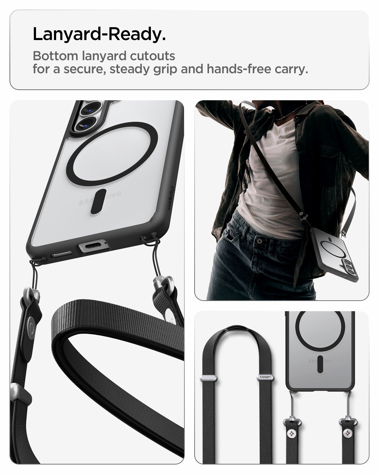 ACS10965 - Galaxy S26 Plus Case Ultra Hybrid (Mag Fit) Matte Black showing lanyard ready. Bottom lanyard cutouts for a secure steady grip and hands free carry