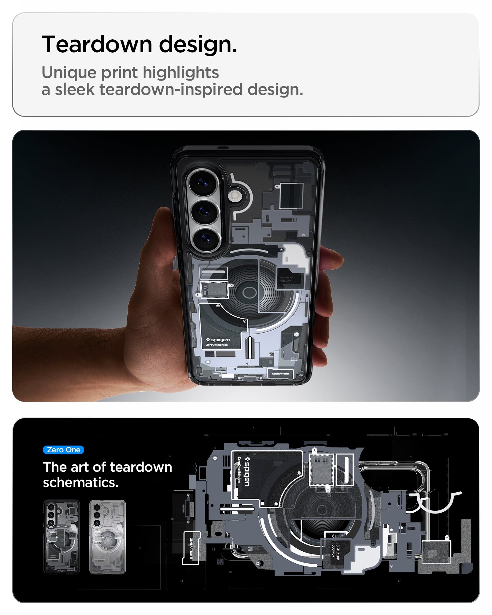 ACS10966 - Galaxy S26 Plus Case Ultra Hybrid Zero One (Mag Fit) Black showing teardown design. unique print highlights a sleek teardown inspired design