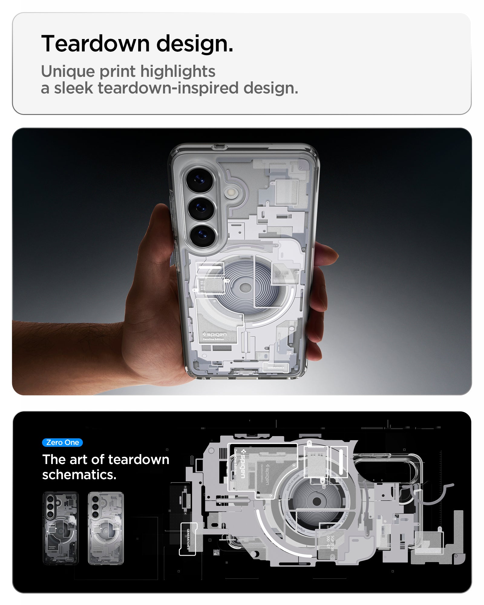 ACS10967 - Galaxy S26 Plus Case Ultra Hybrid Zero One (Mag Fit) White showing teardown design. unique print highlights a sleek teardown inspired design