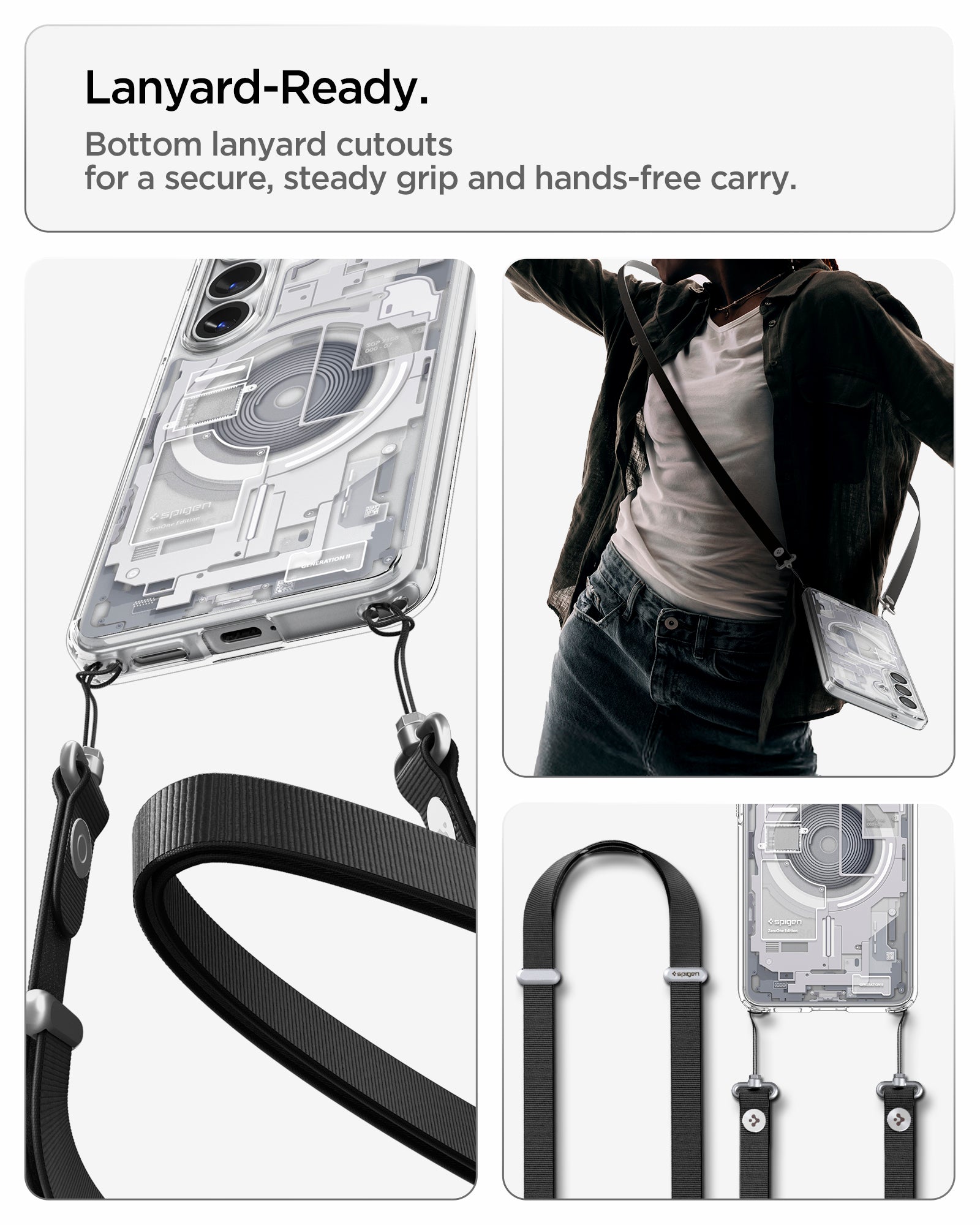 ACS10967 - Galaxy S26 Plus Case Ultra Hybrid Zero One (Mag Fit) White showing lanyard ready. Bottom lanyard cutouts for a secure steady grip and hands free carry