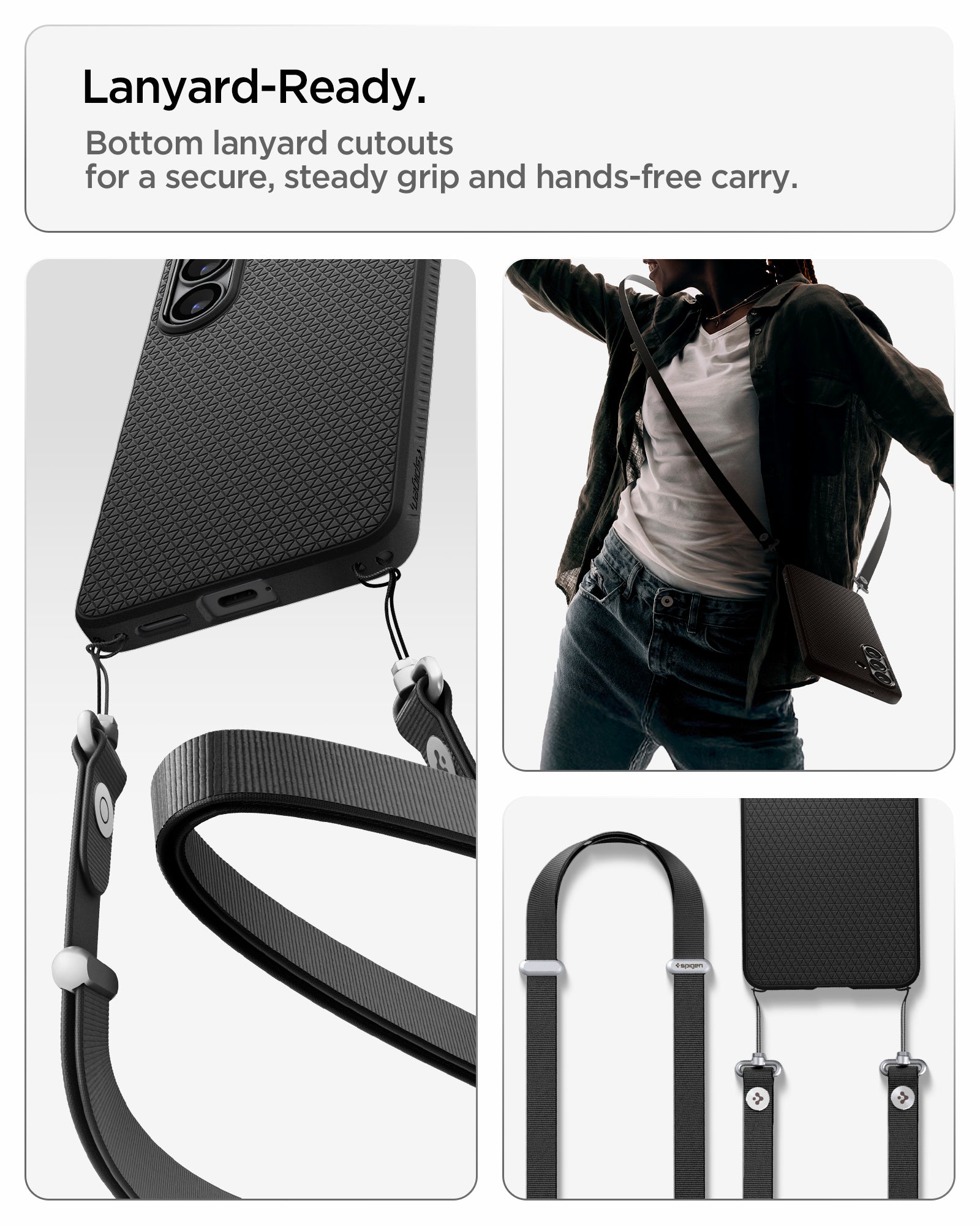 ACS11055 - Galaxy S26 Liquid Air (Mag Fit) in Matte Black showing lanyard ready. Bottom lanyard cutouts for a secure steady grip and hands free carry