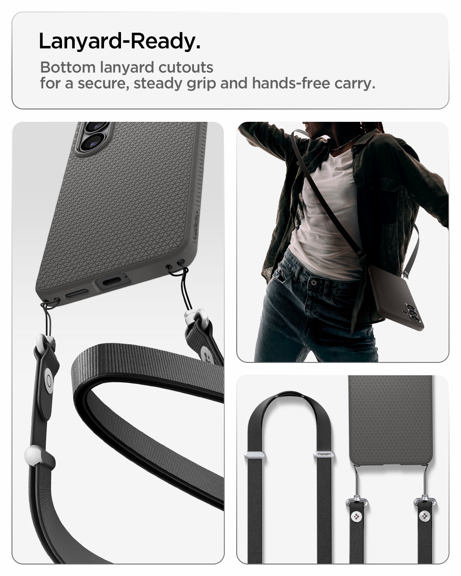 ACS11056 - Galaxy S26 Liquid Air (Mag Fit) in Marble Gray showing lanyard ready. Bottom lanyard cutouts for a secure steady grip and hands free carry