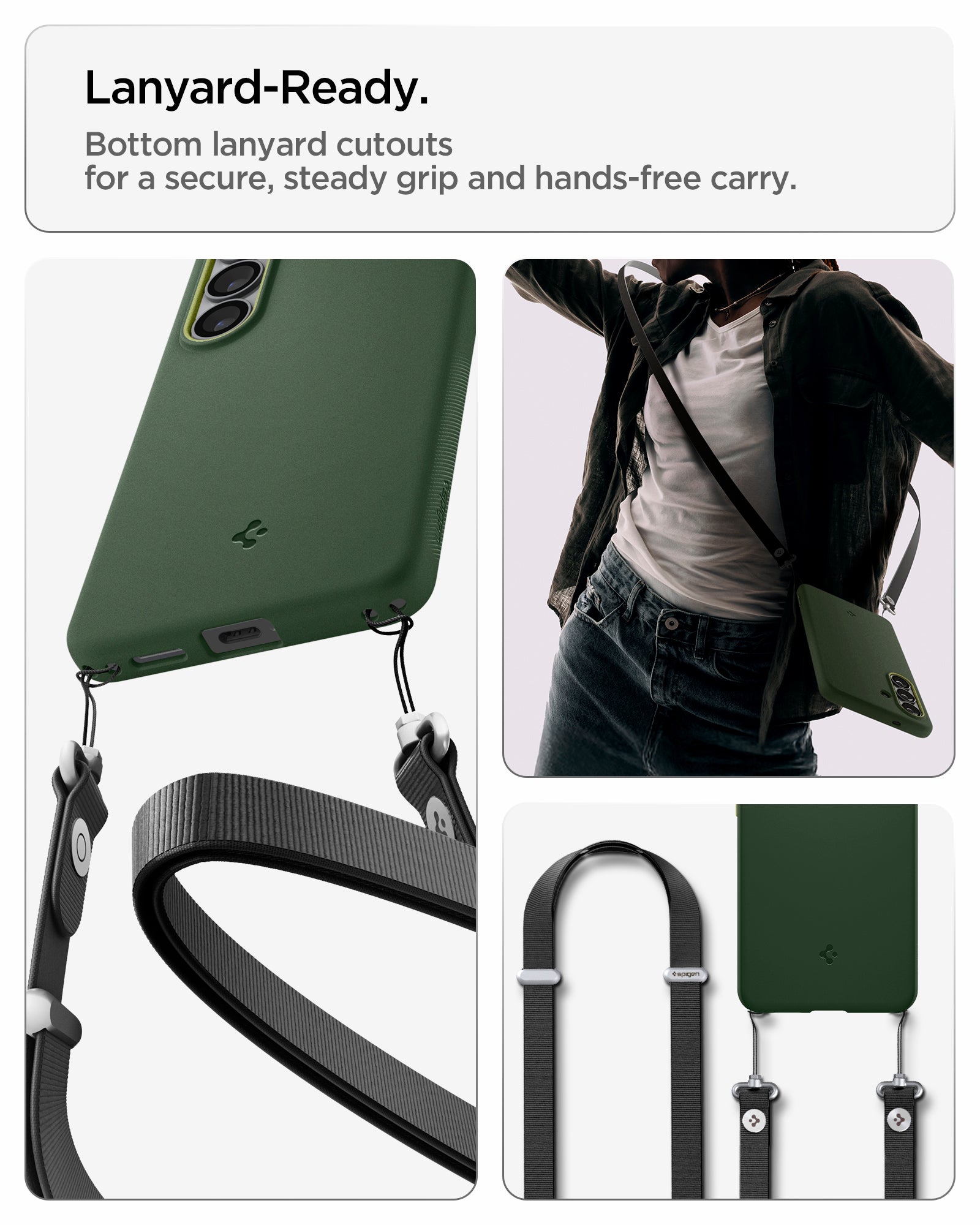 ACS11067 - Galaxy S26  Nano Pop (Mag Fit) in Avo Green showing lanyard ready. Bottom lanyard cutouts for a secure steady grip and hands free carry