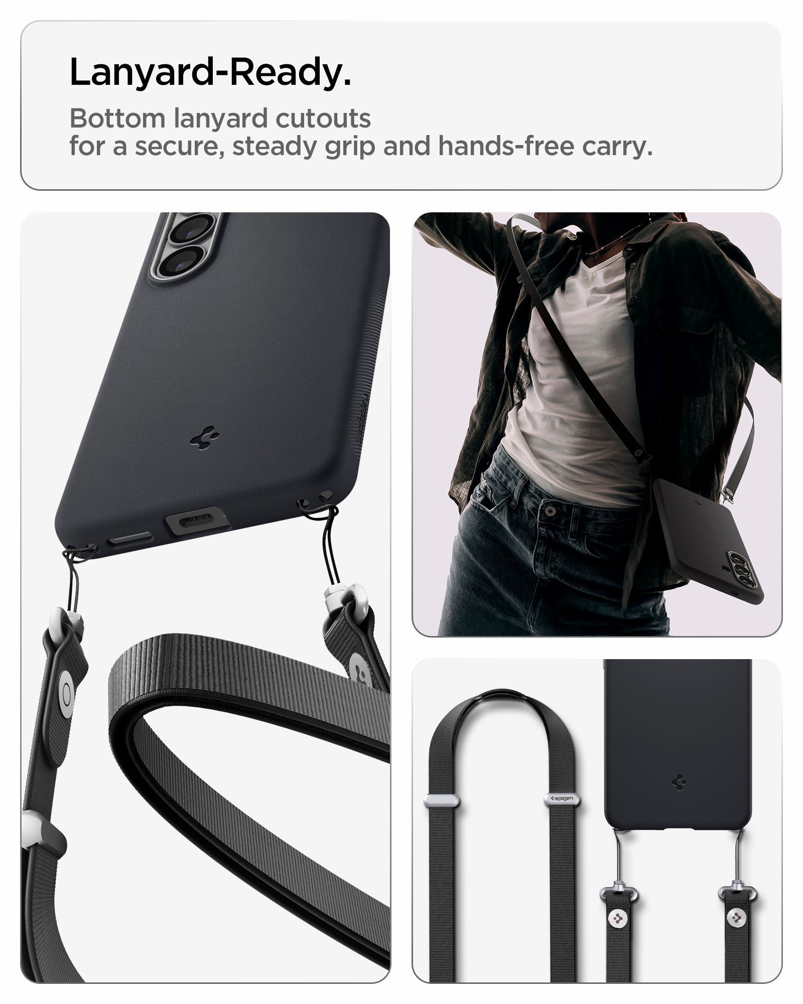ACS11066 - Galaxy S26  Nano Pop (Mag Fit) in Black Sesame showing lanyard ready. Bottom lanyard cutouts for a secure steady grip and hands free carry