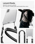 ACS11060 - Galaxy S26 Case Ultra Hybrid Crystal Clear showing lanyard ready. Bottom lanyard cutouts for a secure steady grip and hands free carry