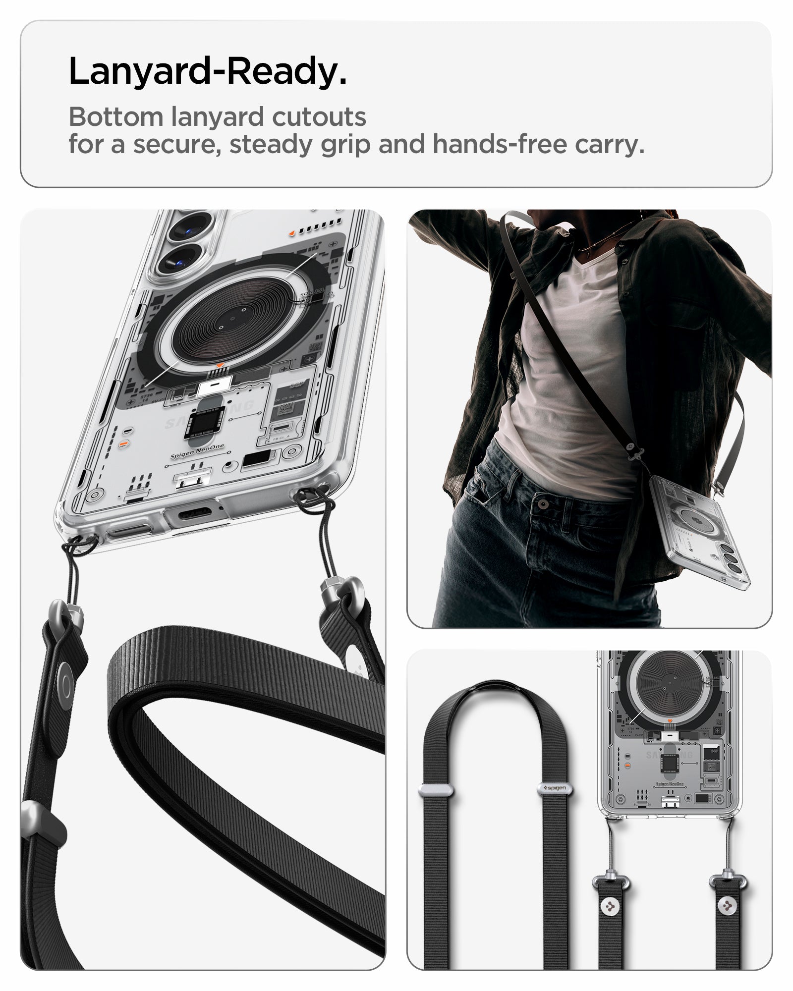ACS10973 - Galaxy S26 Case Ultra Hybrid Neo One (Mag Fit) showing lanyard ready. Bottom lanyard cutouts for a secure steady grip and hands free carry