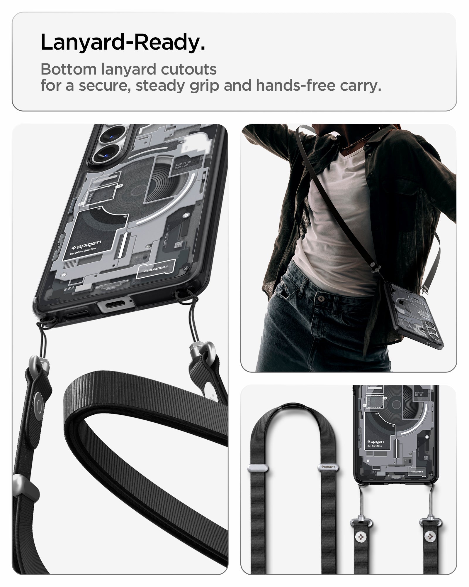 ACS10971 - Galaxy S26 Case Ultra Hybrid Zero One (Mag Fit) Black showing lanyard ready. Bottom lanyard cutouts for a secure steady grip and hands free carry