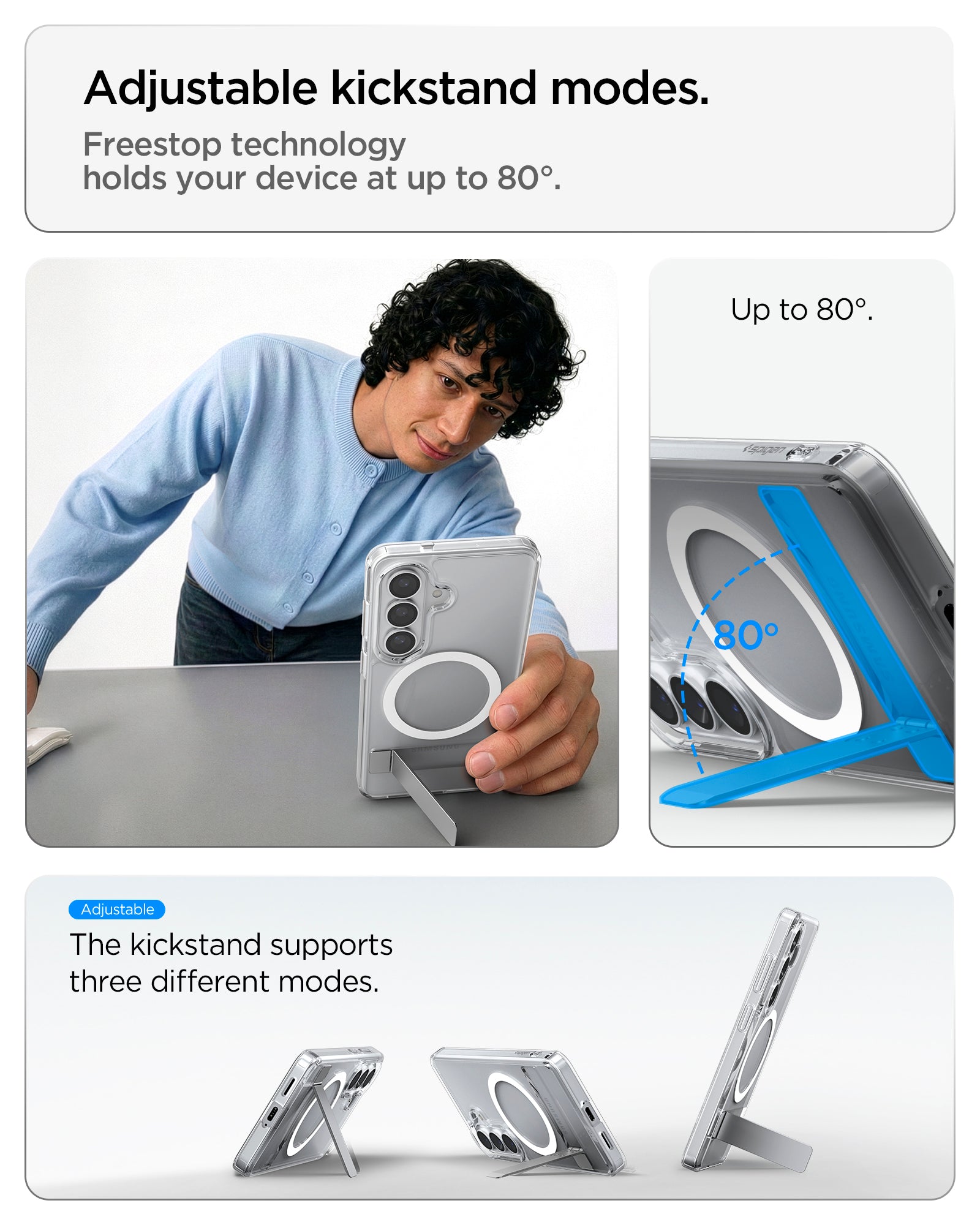ACS11061 - Galaxy S26 Case - Ultra Hybrid S (Mag Fit) Clear White showing adjustable kickstand modes. freestop technology holds your device at up to 80 degree