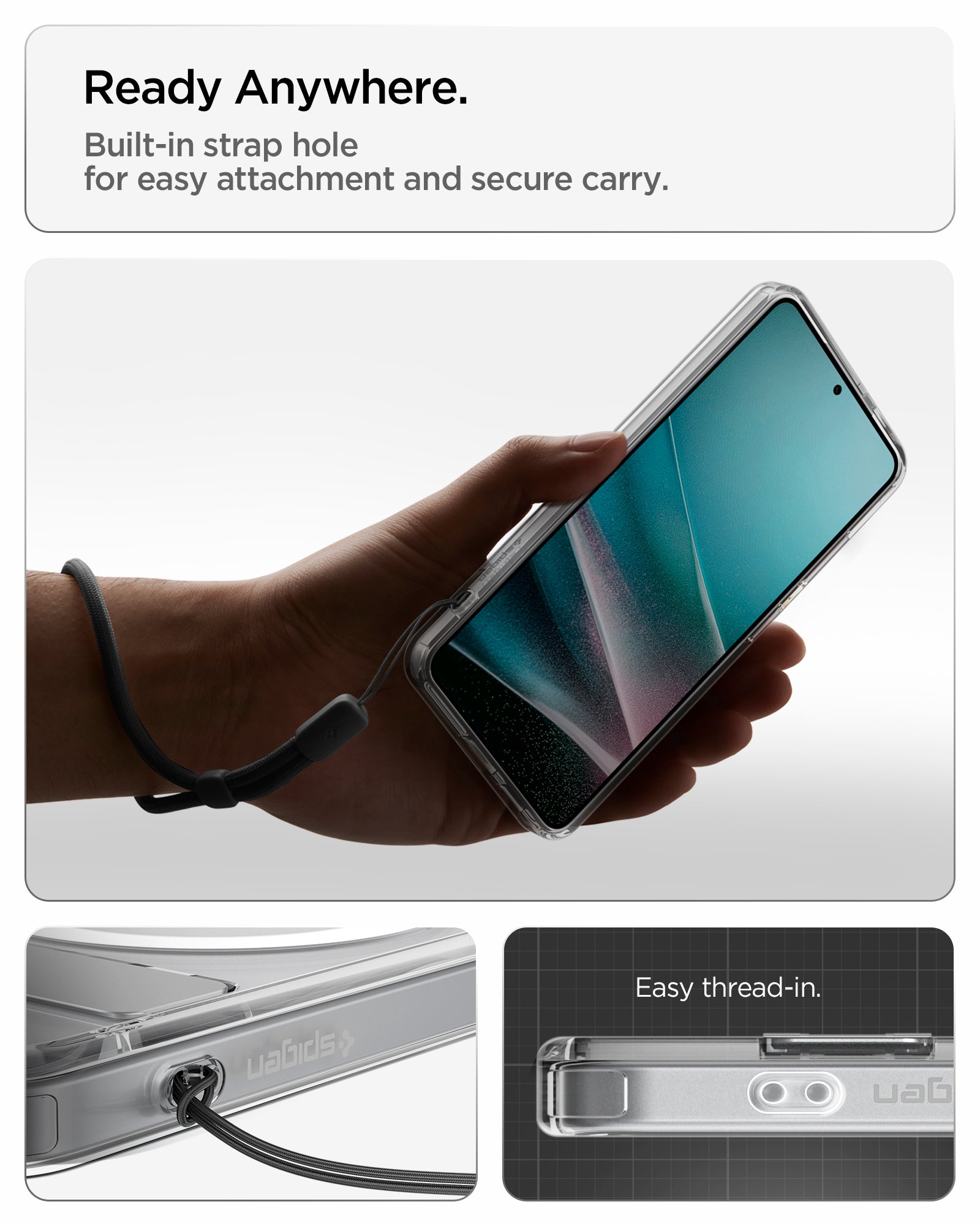 ACS11061 - Galaxy S26 Case - Ultra Hybrid S (Mag Fit) Clear White showing ready anywhere. built in strap hole for easy attachment and secure carry