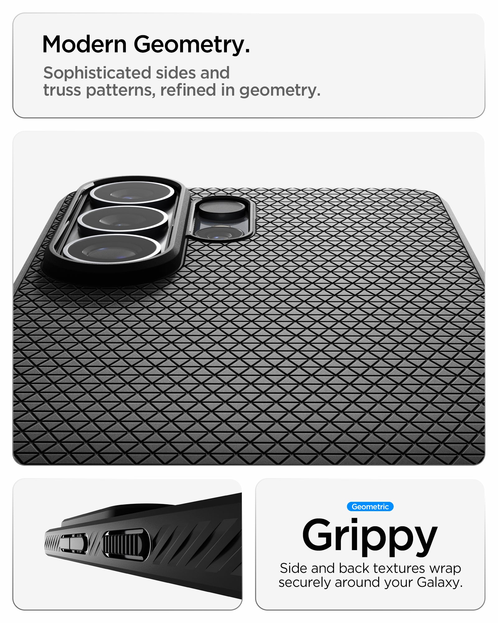 ACS11023 - Galaxy S26 Ultra Liquid Air in Matte Black showing modern geometry. sophisticated sides and truss patterns refined in geometry