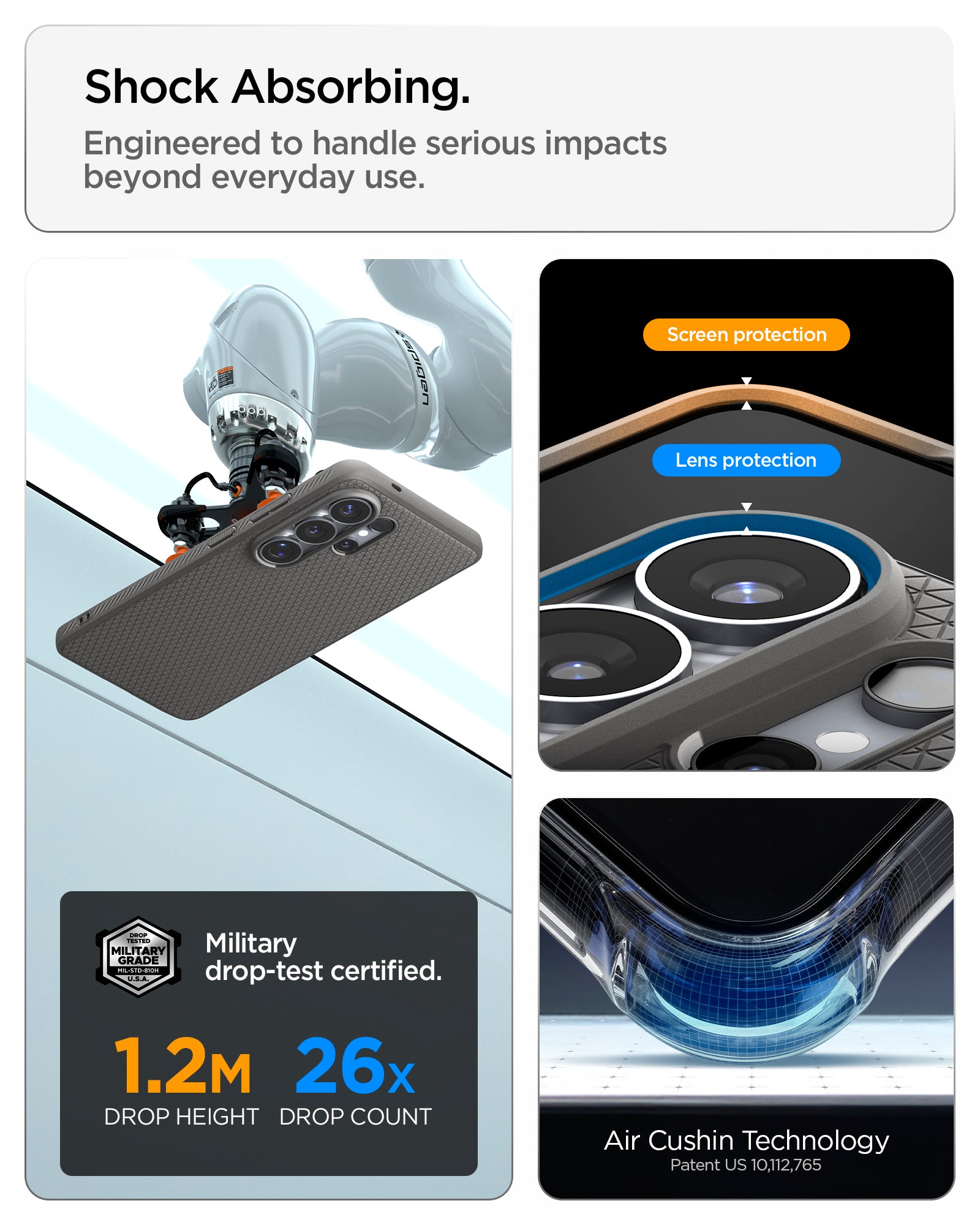 ACS11025 - Galaxy S26 Ultra Liquid Air (Mag Fit) in Marble Gray showing shock absorbing. engineered to handle serious impacts beyond everyday use