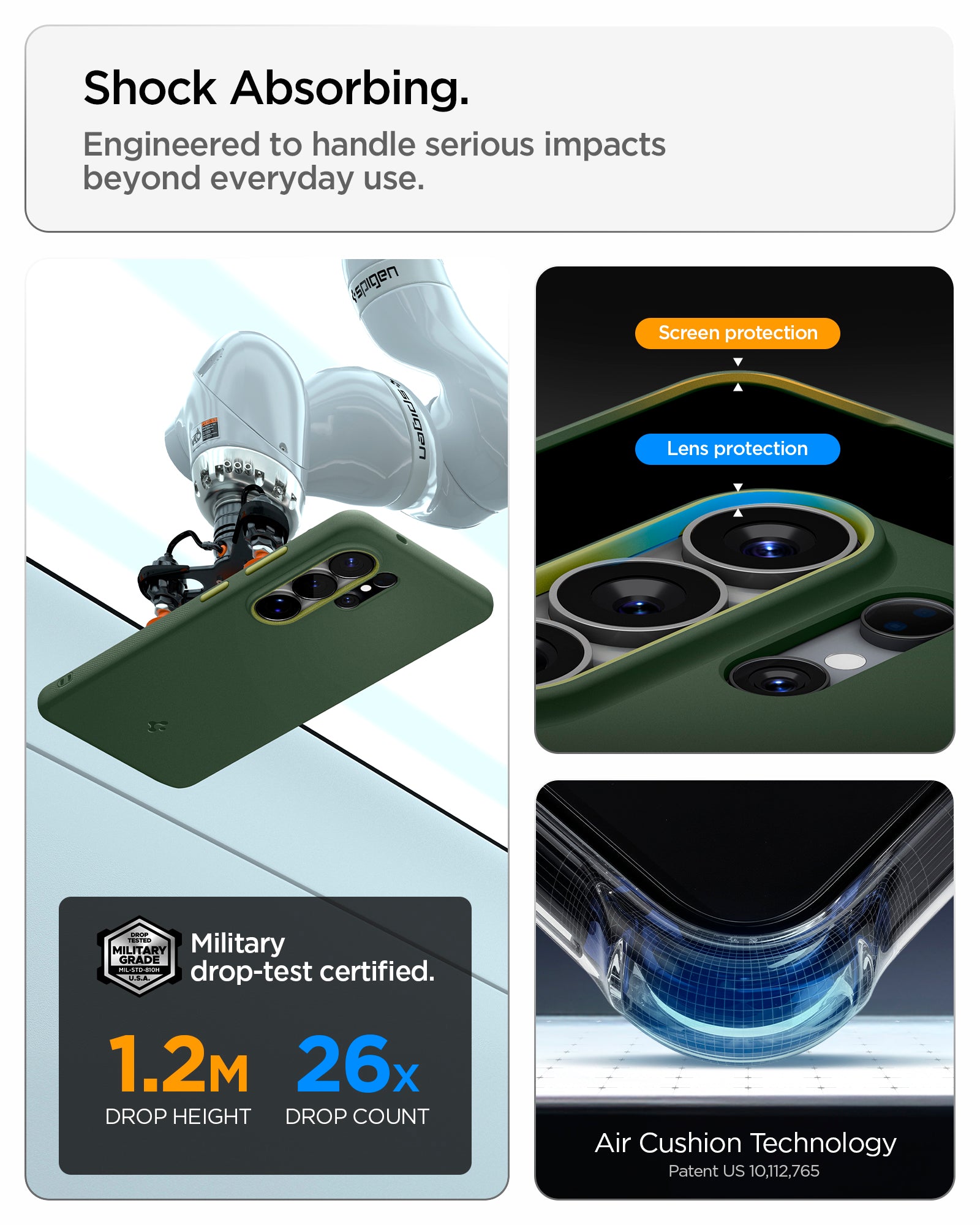 ACS11039 - Galaxy S26 Ultra Nano Pop (Mag Fit) in Avo Green showing shock absorbing. engineered to handle serious impacts beyond everyday use