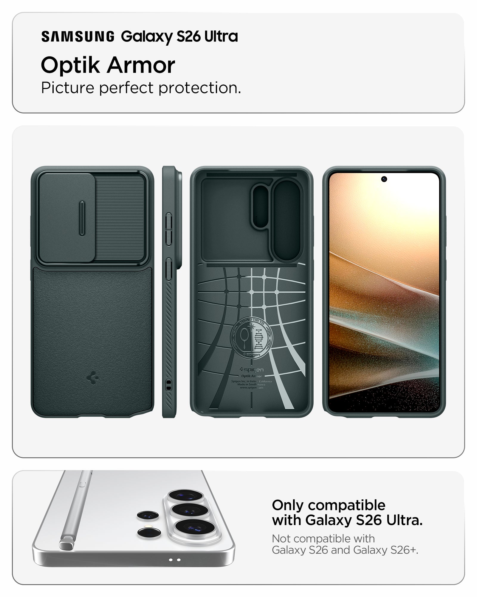ACS11041 - Galaxy S26 Ultra Optik Armor in Abyss Green showing optik armor. picture perfect protection