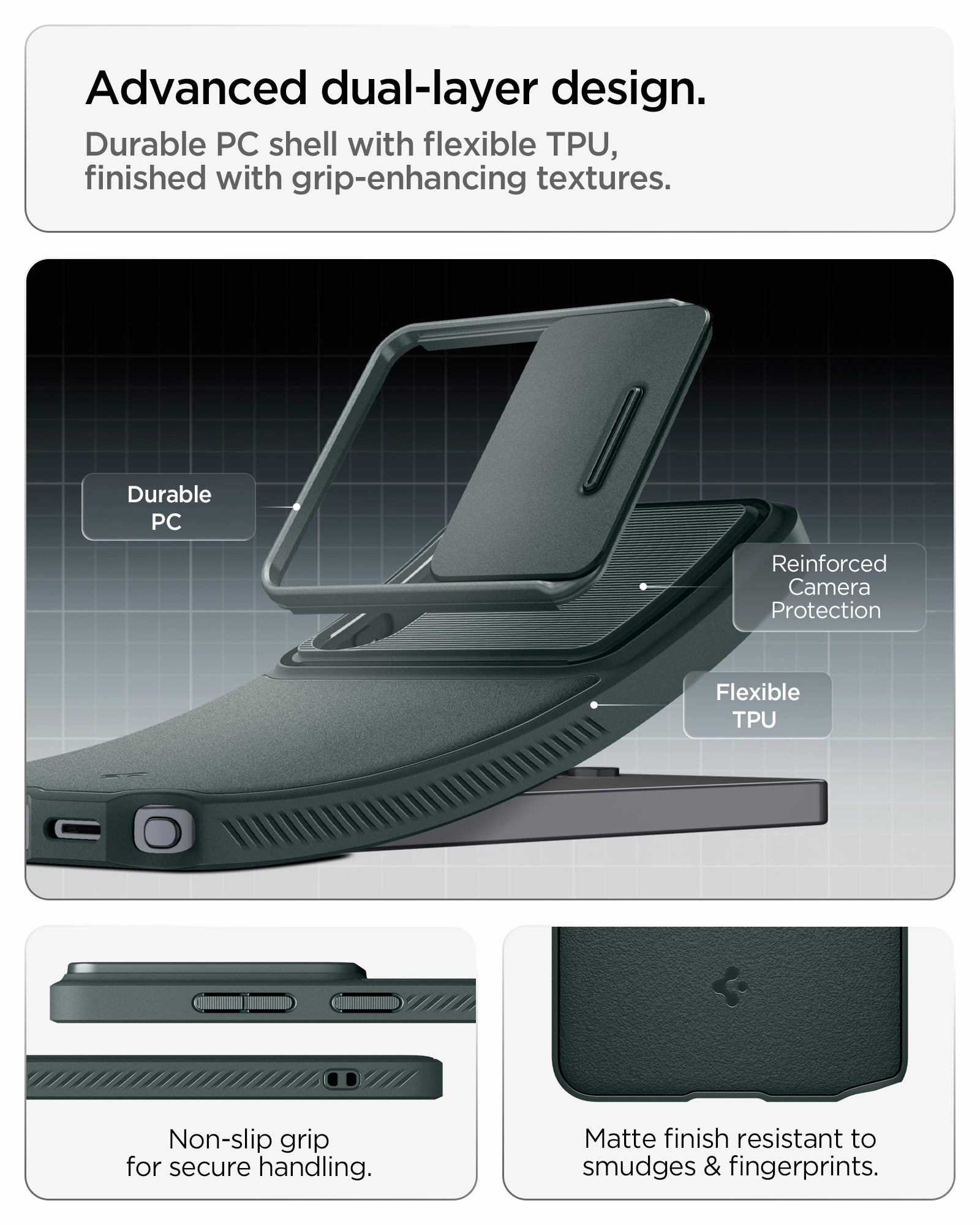ACS11041 - Galaxy S26 Ultra Optik Armor in Abyss Green showing advanced dual layer design. durable PC shell with flexible TPU, finished with grip enhancing textures