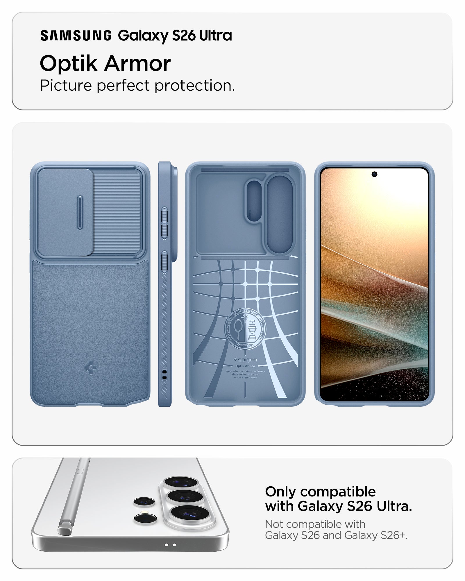 ACS11224 - Galaxy S26 Ultra Optik Armor in Light Blue showing optik armor. picture perfect protection