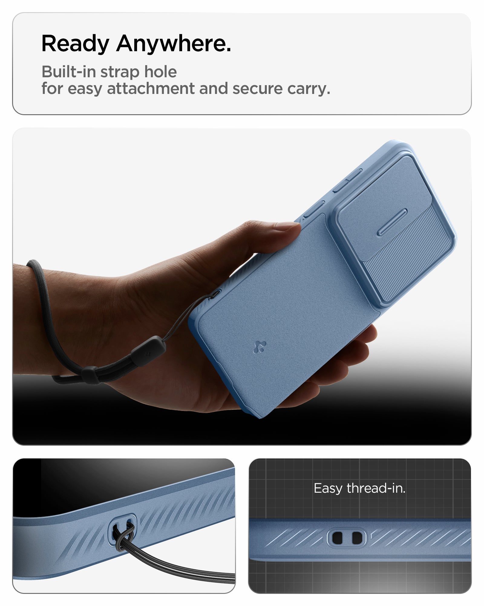 ACS11224 - Galaxy S26 Ultra Optik Armor in Light Blue showing ready anywhere. built in strap hole for easy attachment and secure carry