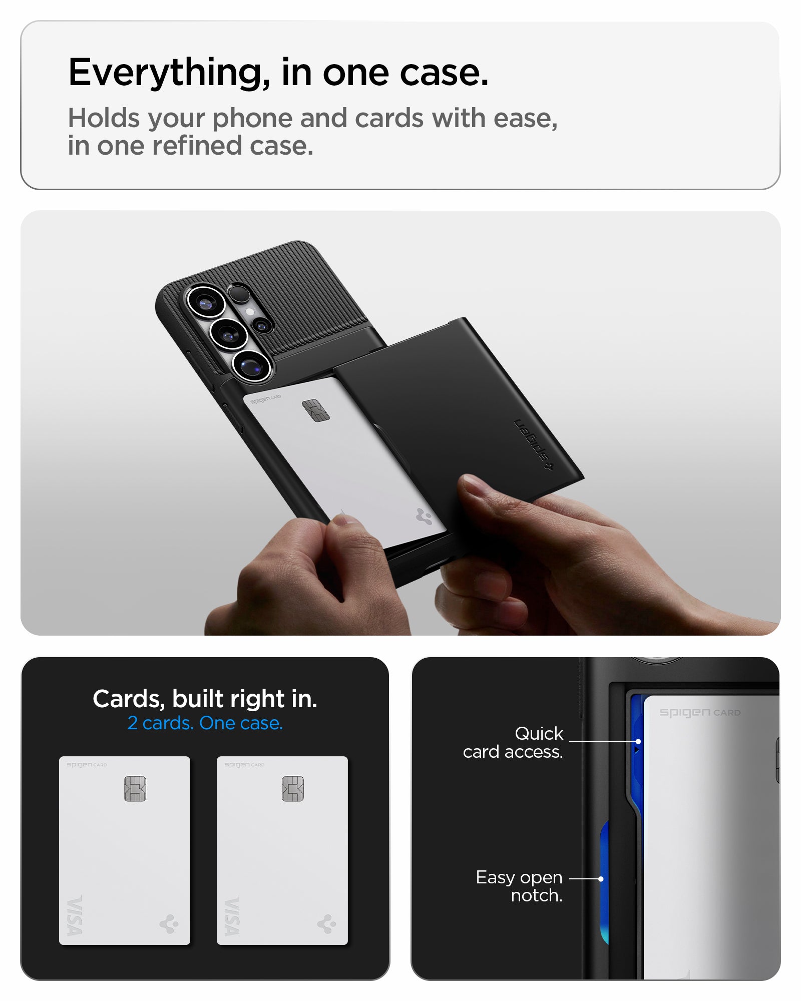 ACS11036 - Galaxy S26 Ultra Slim Armor CS in Black showing everyday, in one case. 2 cards built in case