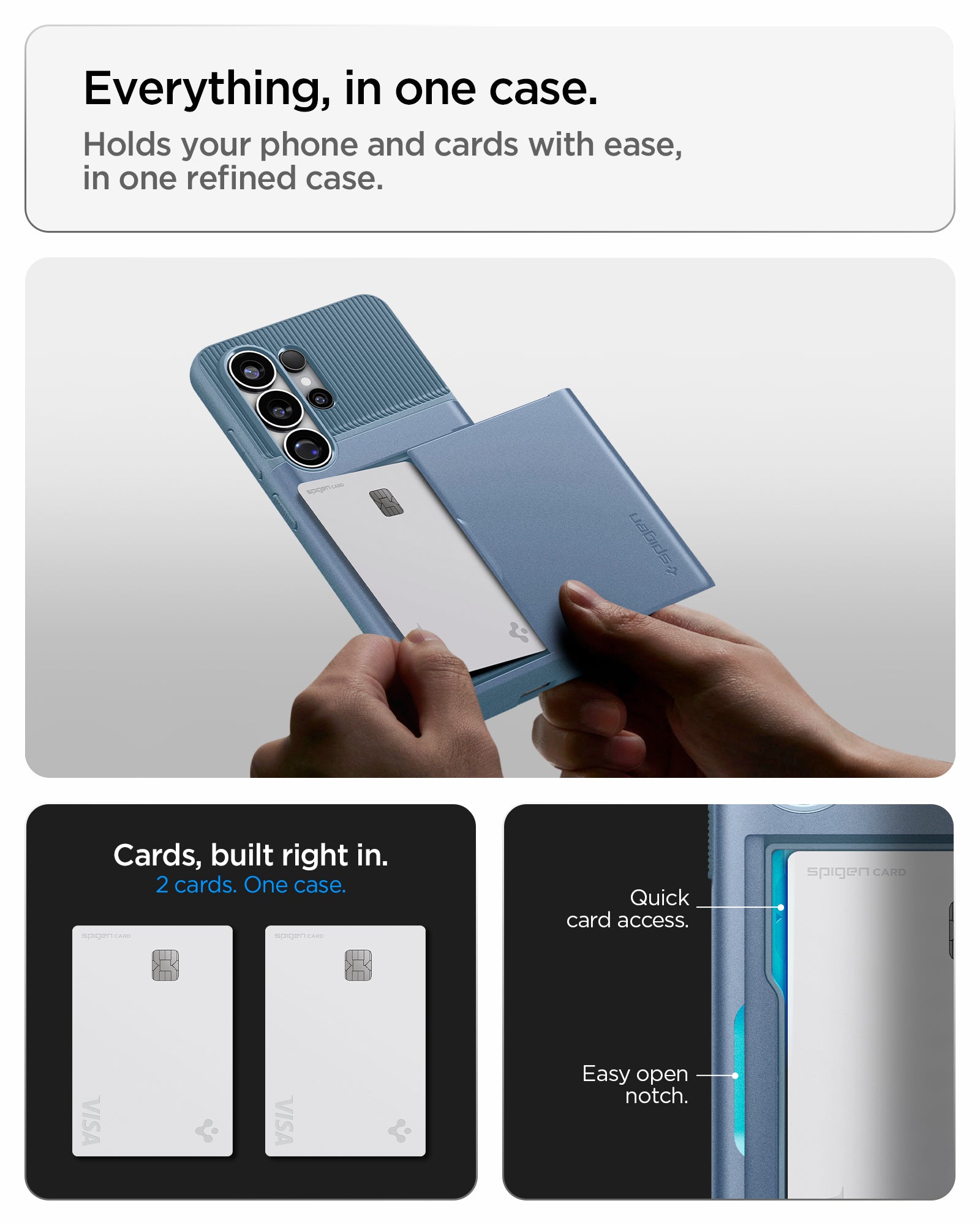 ACS11225 - Galaxy S26 Ultra Slim Armor CS in Light Blue showing everyday, in one case. 2 cards built in case