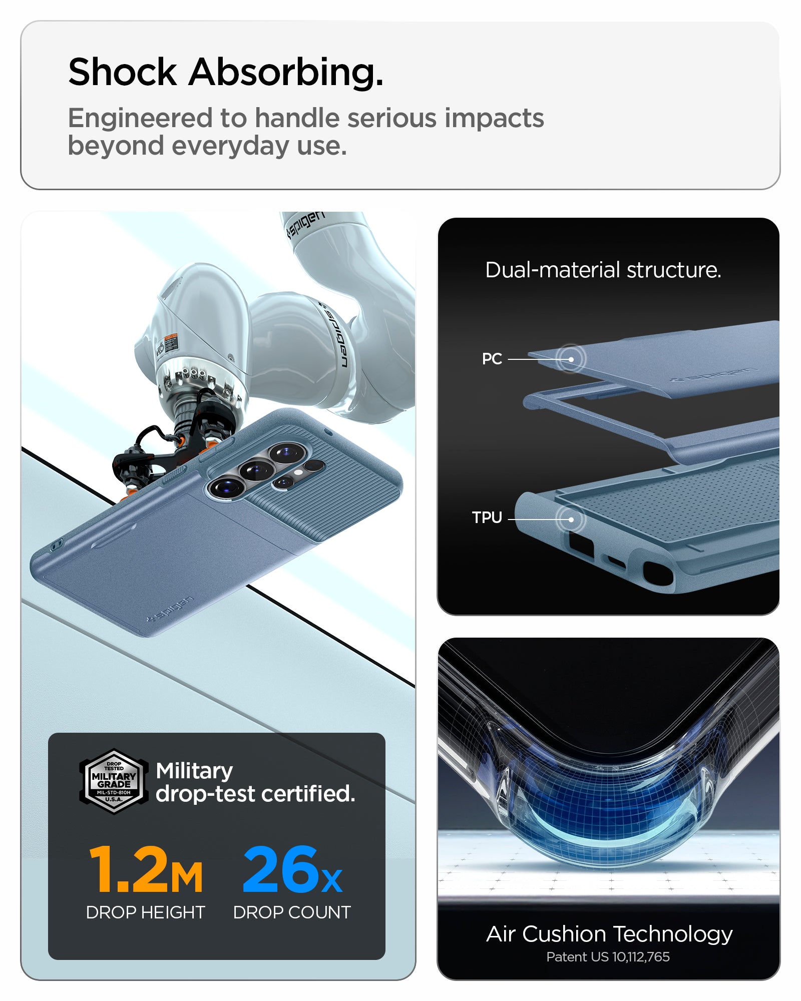 ACS11225 - Galaxy S26 Ultra Slim Armor CS in Light Blue showing shock absorbing. engineered to handle serious impacts beyond everyday use