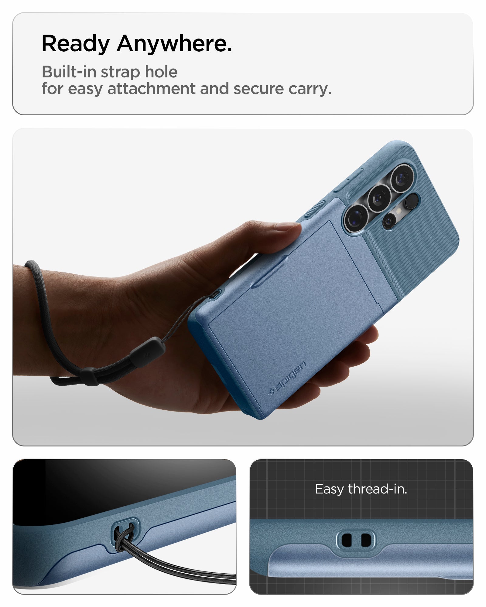 ACS11225 - Galaxy S26 Ultra Slim Armor CS in Light Blue showing ready anywhere. Built in strap hole for easy attachment and secure carry