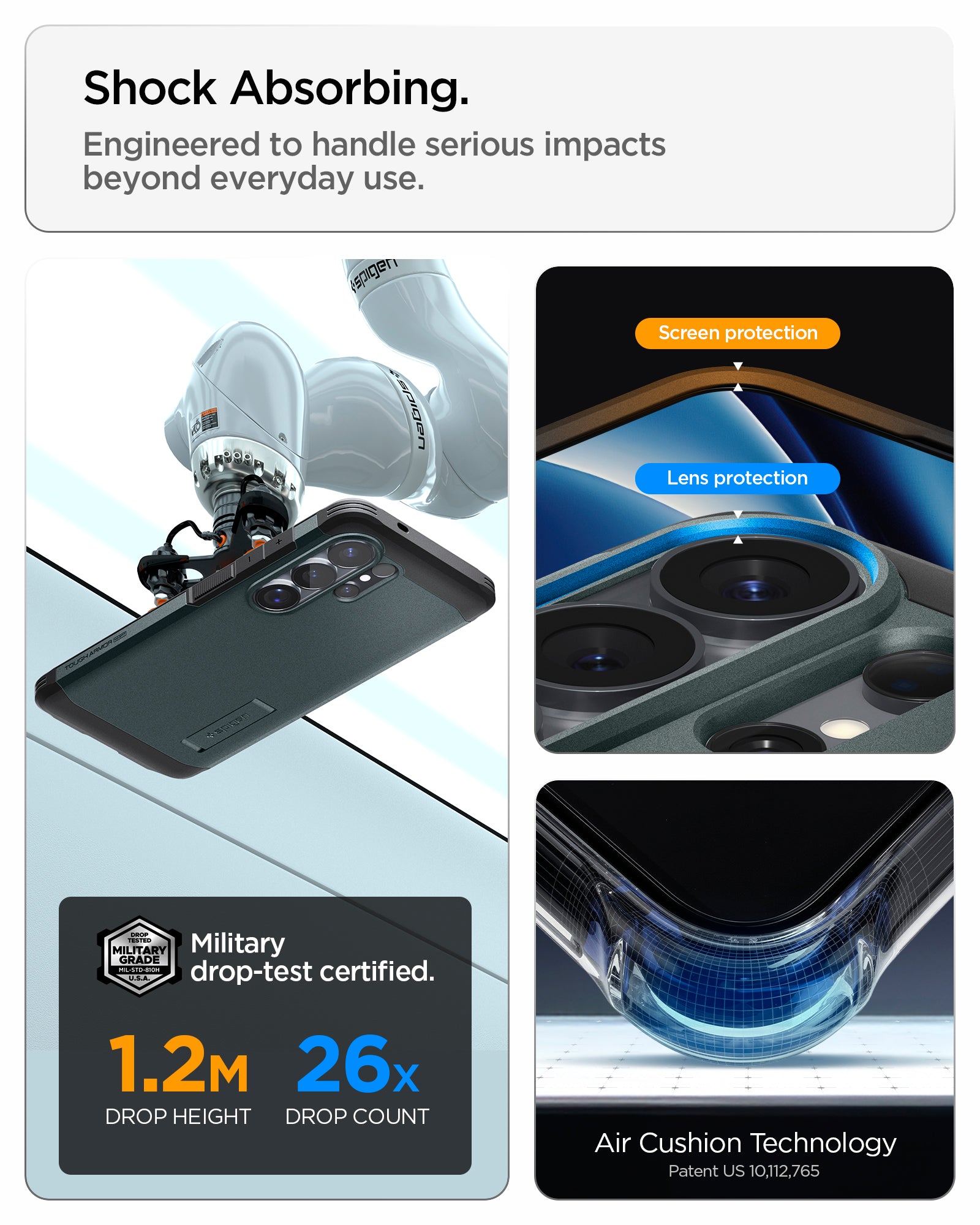 ACS11035 - Galaxy S26 Ultra Case Tough Armor (Mag Fit) Abyss Green showing shock absorbing. engineered to handle serious impacts beyond everyday use