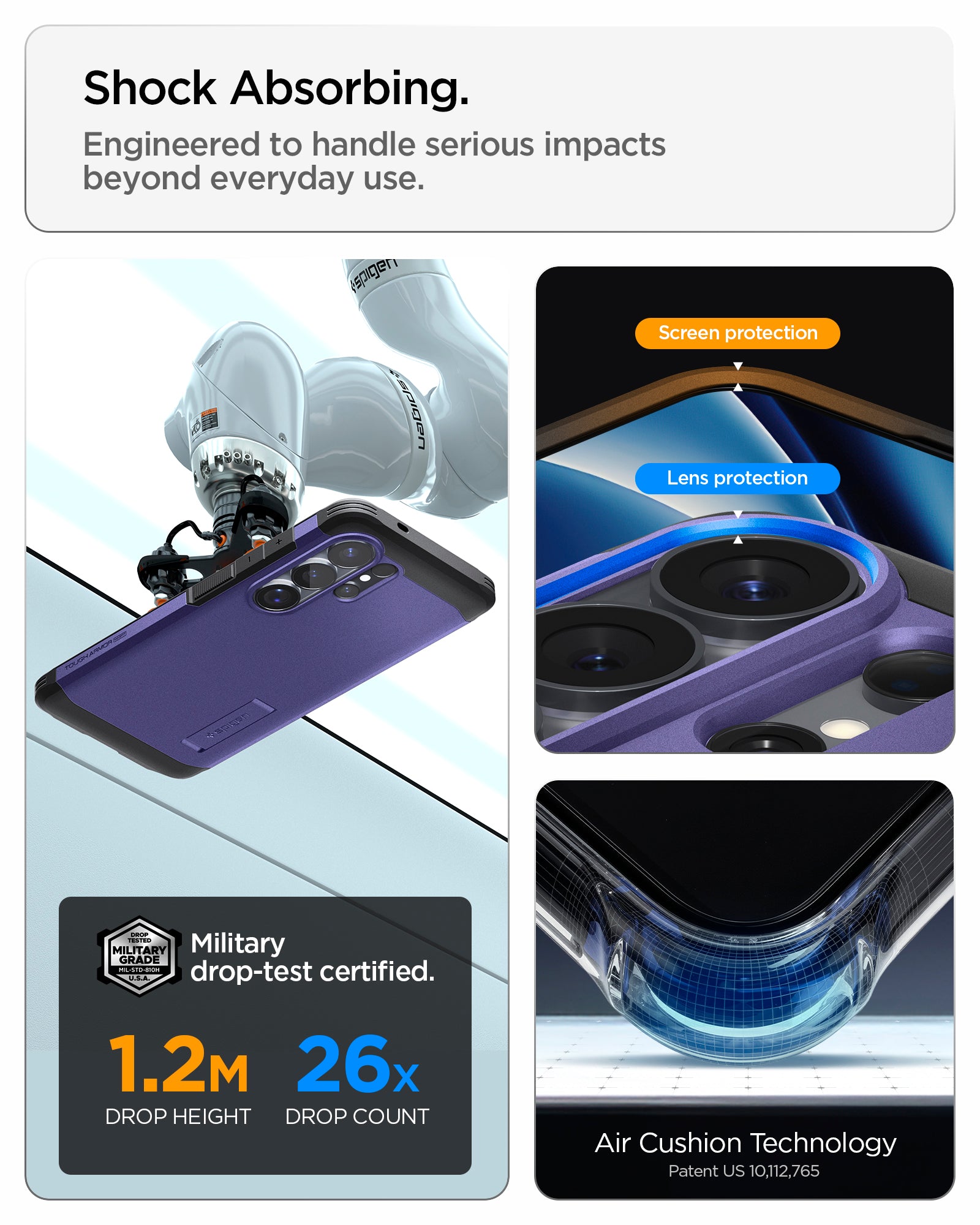 ACS11162 - Galaxy S26 Ultra Case Tough Armor (Mag Fit) Ash Violet showing shock absorbing. engineered to handle serious impacts beyond everyday use