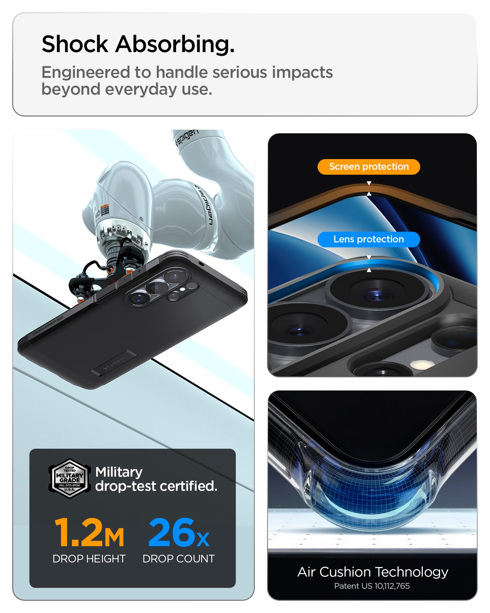 ACS11033 - Galaxy S26 Ultra Case Tough Armor (Mag Fit) Black showing shock absorbing. engineered to handle serious impacts beyond everyday use
