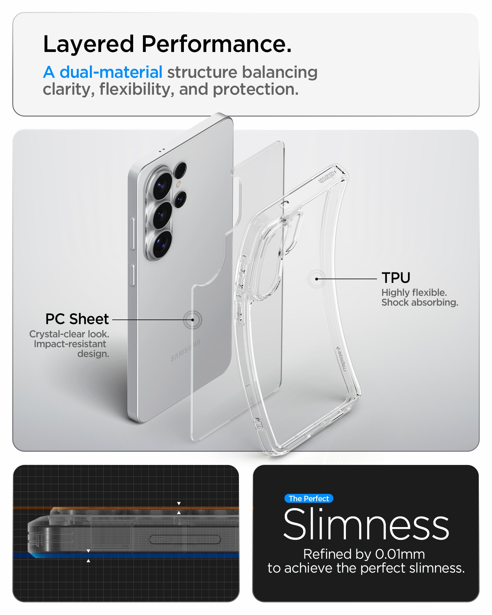 ACS11030 - Galaxy S26 Ultra Case Ultra Hybrid Crystal Clear showing layered performance. a dual material structure balancing clarity flexibility and protection