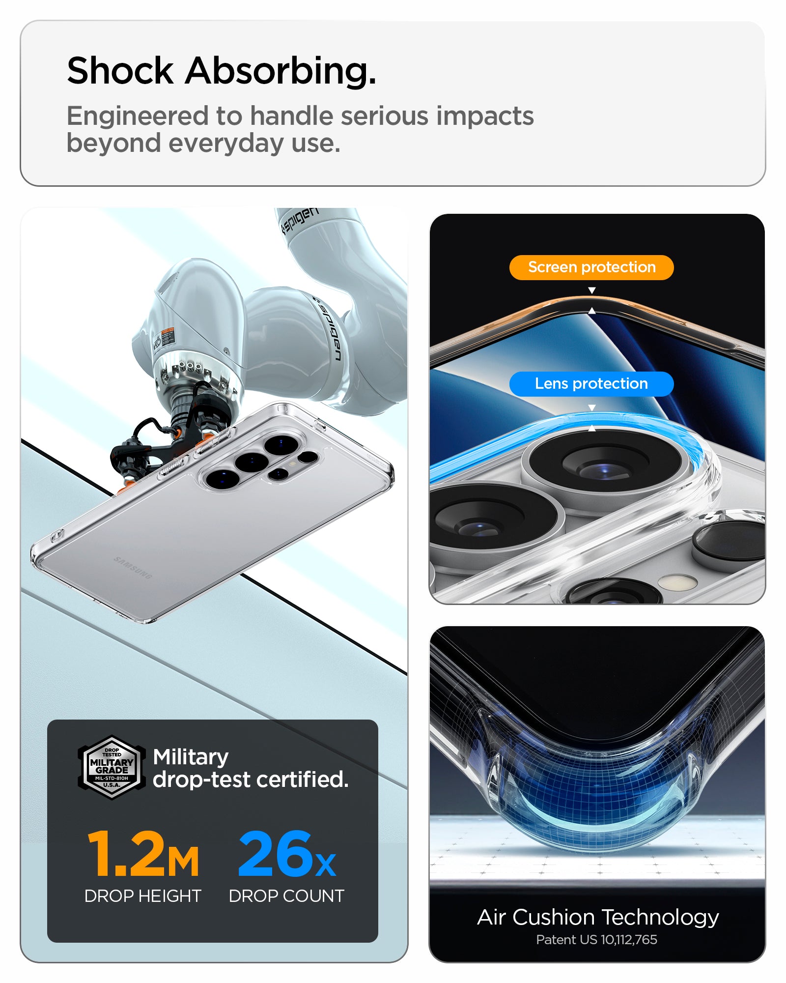 ACS11030 - Galaxy S26 Ultra Case Ultra Hybrid Crystal Clear showing shock absorbing. engineered to handle serious impacts beyond everyday use