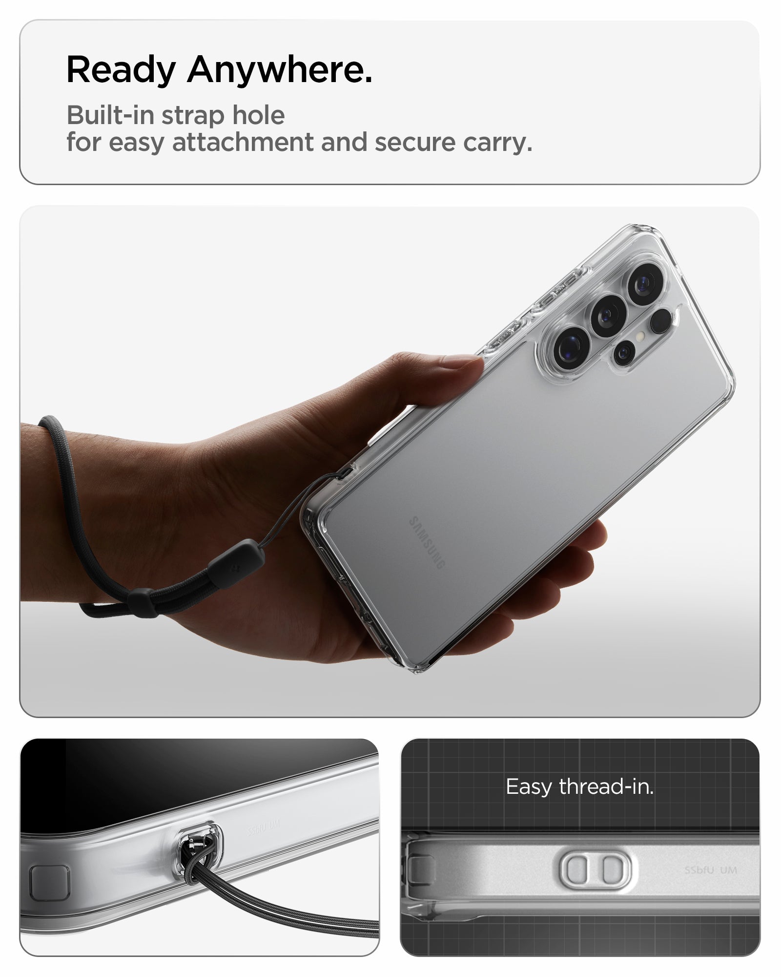 ACS11030 - Galaxy S26 Ultra Case Ultra Hybrid Crystal Clear showing ready anywhere. built in strap hole for easy attachment and secure carry