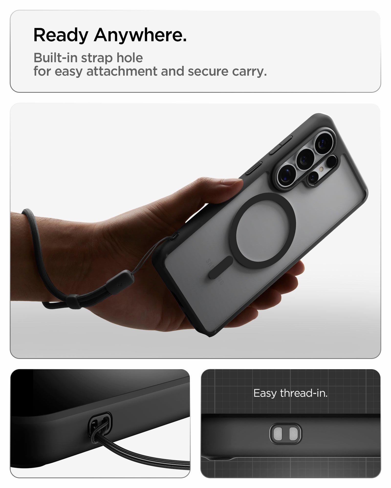 ACS10959 - Galaxy S26 Ultra Case Ultra Hybrid (Mag Fit) Matte Black showing ready anywhere. built in strap hole for easy attachment and secure carry