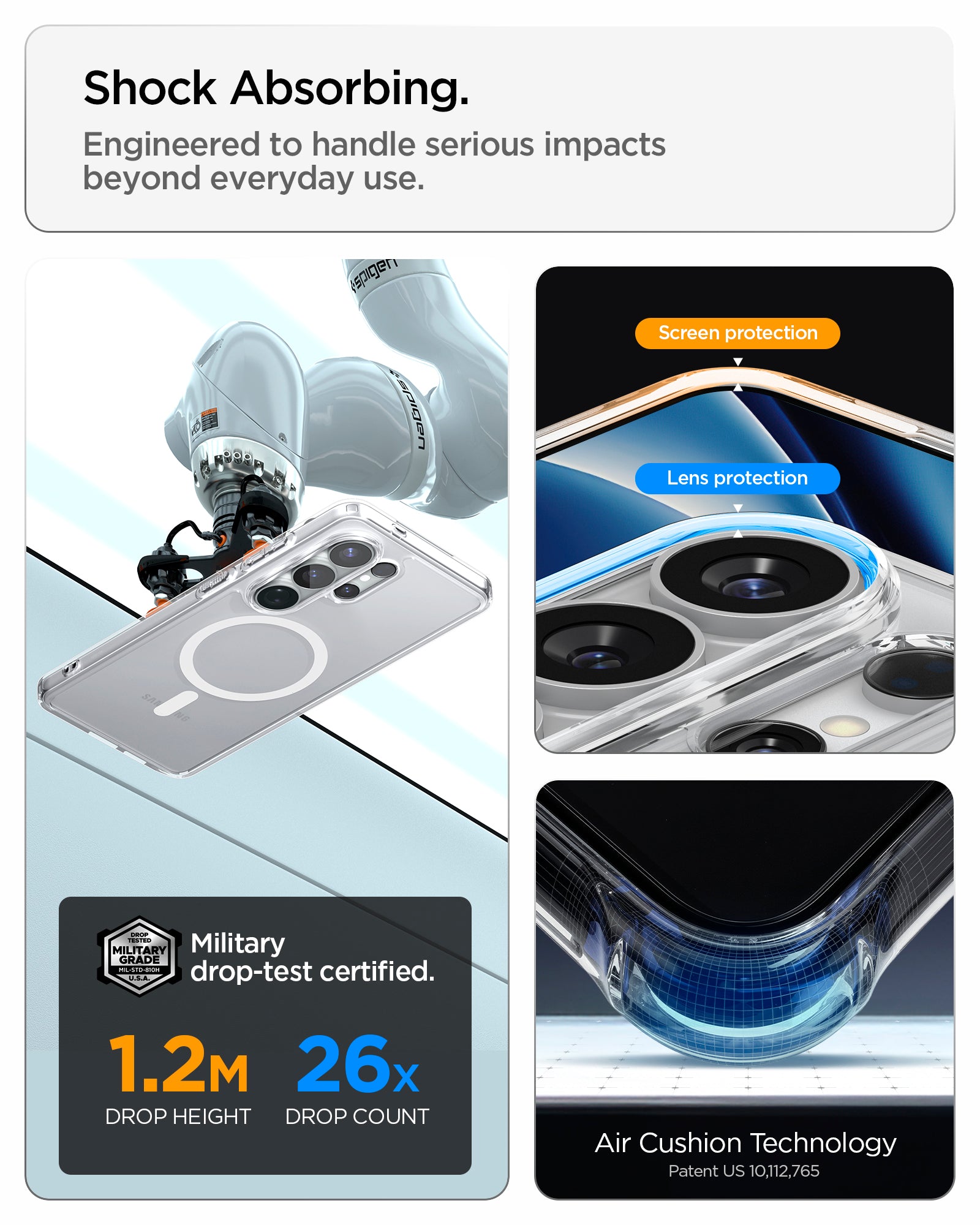 ACS10958 - Galaxy S26 Ultra Case Ultra Hybrid (Mag Fit) Crystal Clear showing shock absorbing. engineered to handle serious impacts beyond everyday use