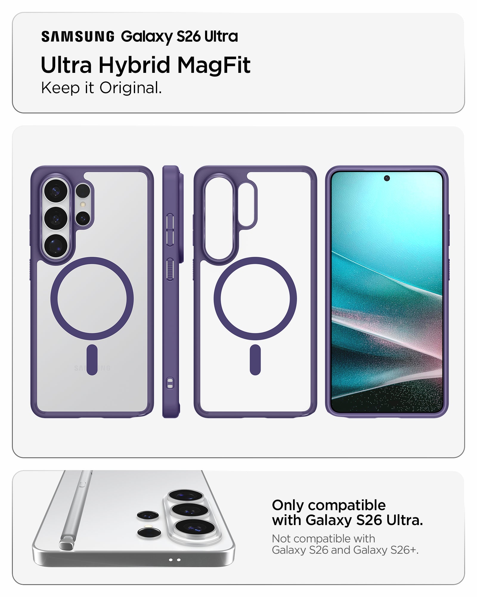 ACS11161 - Galaxy S26 Ultra Case Ultra Hybrid (Mag Fit) Deep Purple showing keep it original ultra hybrid magfit