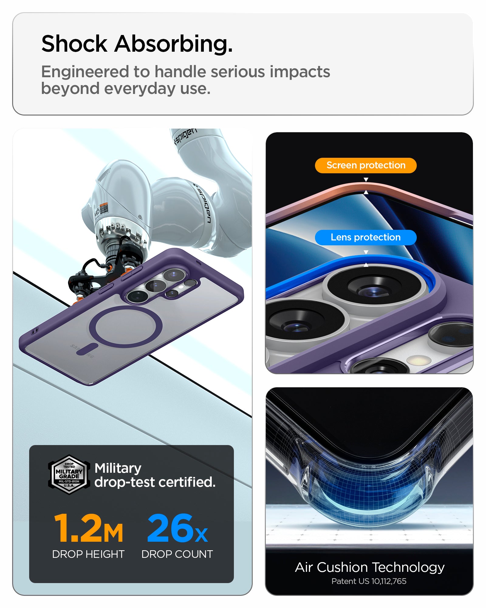 ACS11161 - Galaxy S26 Ultra Case Ultra Hybrid (Mag Fit) Deep Purple showing shock absorbing. engineered to handle serious impacts beyond everyday use