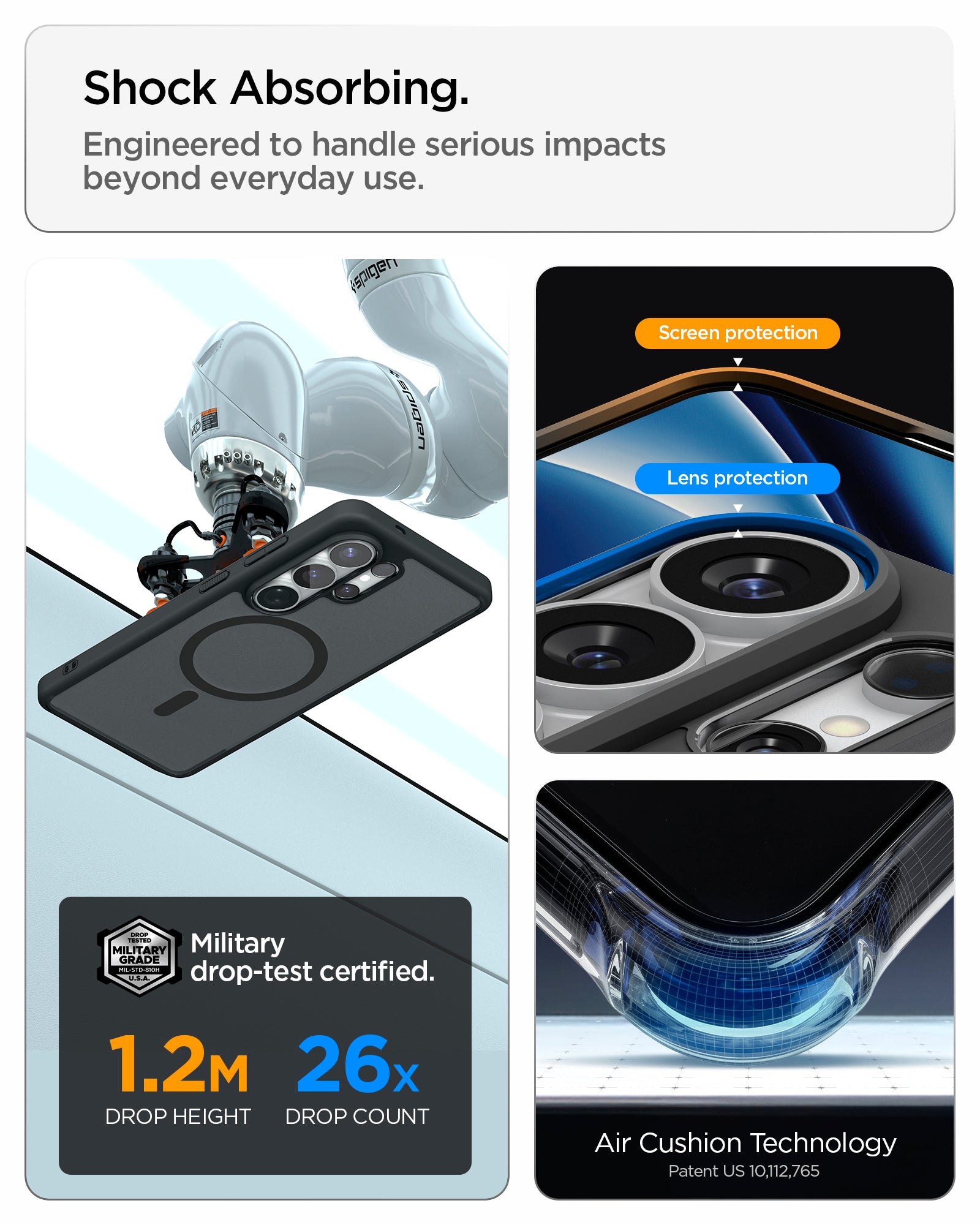ACS10960 - Galaxy S26 Ultra Case Ultra Hybrid (Mag Fit) Frost Black showing shock absorbing. engineered to handle serious impacts beyond everyday use