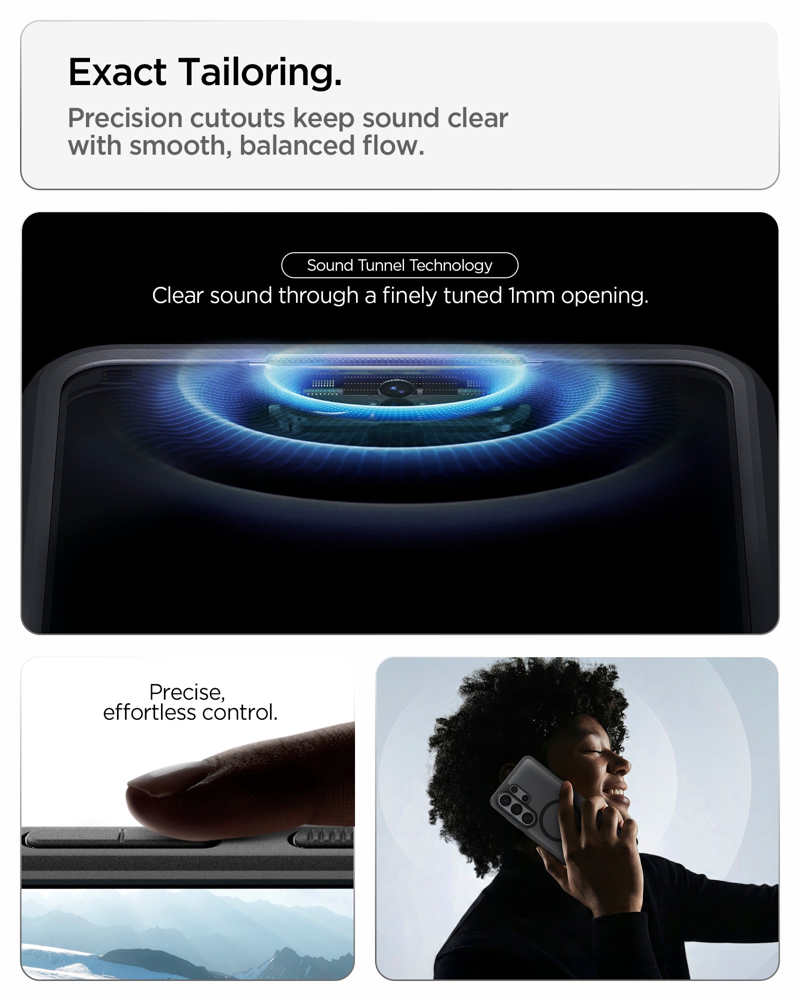 ACS10960 - Galaxy S26 Ultra Case Ultra Hybrid (Mag Fit) Frost Black showing exact tailoring. precision cutouts keep sound clear with smooth balanced flow