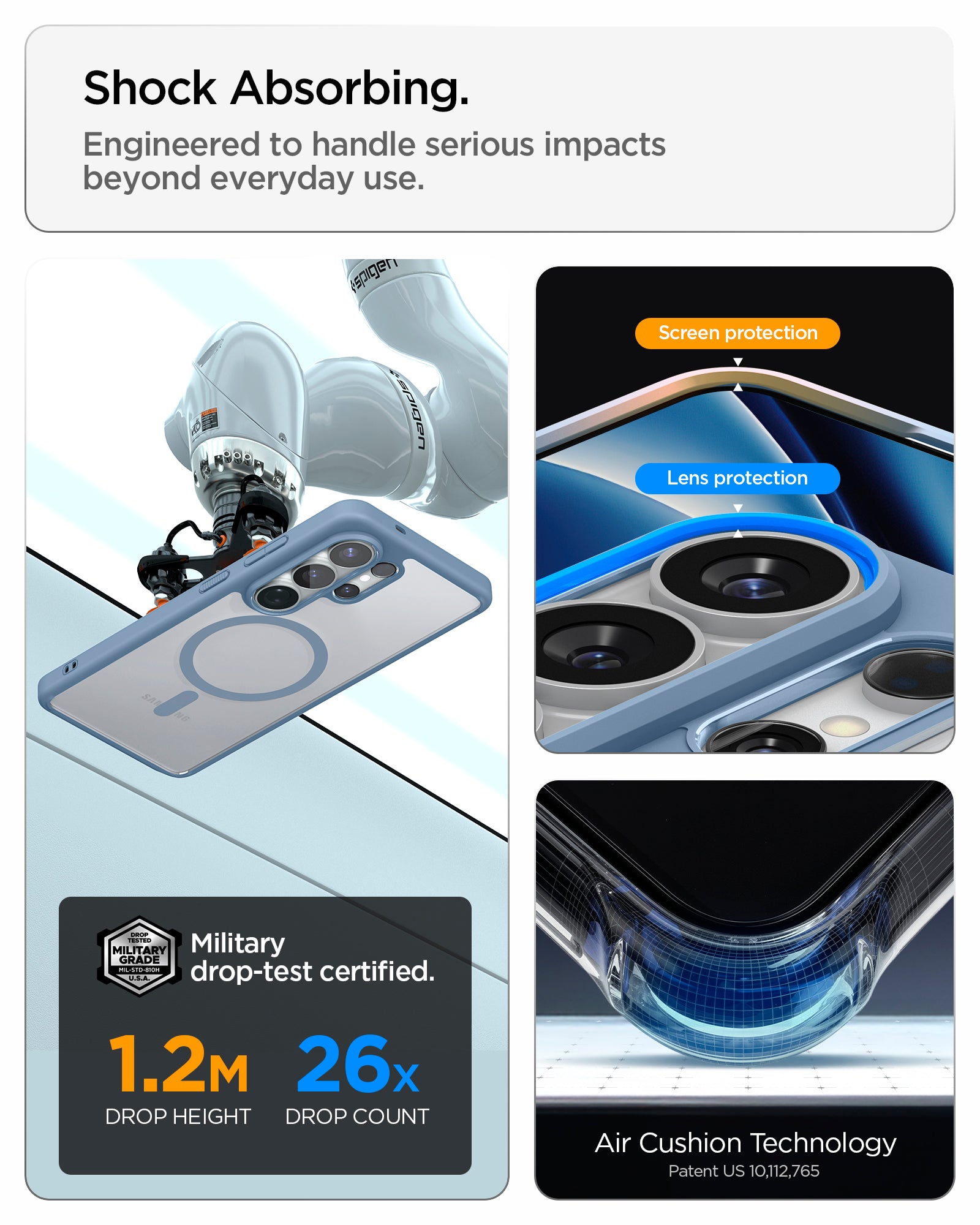 ACS11160 - Galaxy S26 Ultra Case Ultra Hybrid (Mag Fit) Light Blue showing shock absorbing. engineered to handle serious impacts beyond everyday use