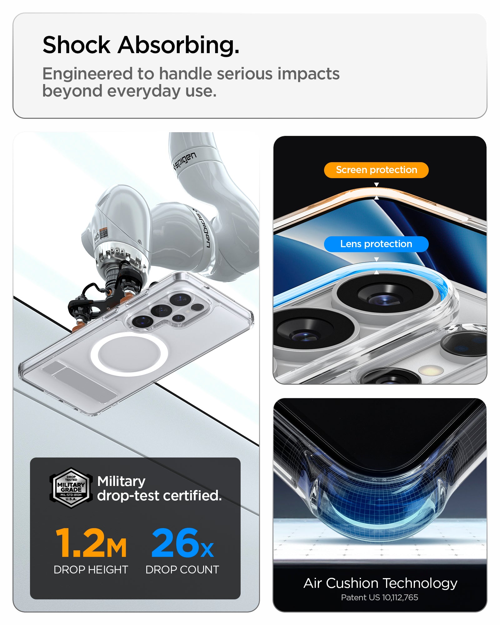 ACS11032 - Galaxy S26 Ultra Case - Ultra Hybrid S (Mag Fit) Clear White showing shock absorbing. engineered to handle serious impacts beyond everyday use