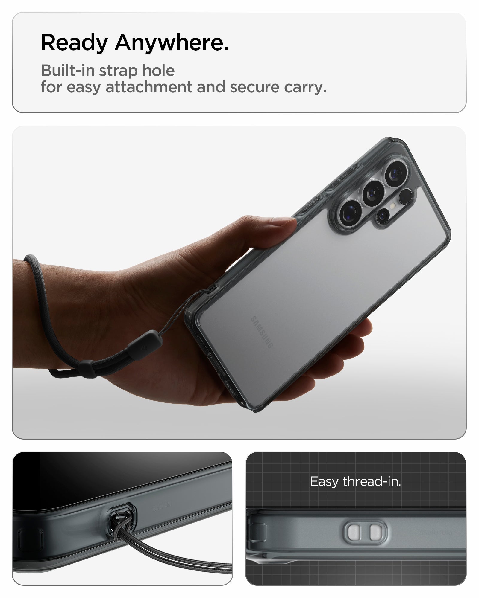 ACS11031 - Galaxy S26 Ultra Case Ultra Hybrid Space Crystal showing ready anywhere. built in strap hole for easy attachment and secure carry
