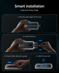 AGL11810 - Galaxy S26 FE GLAS.tR EZ Fit Pro showing smart installation steps to hold, pull, press, slide, and wait for easy screen protector application