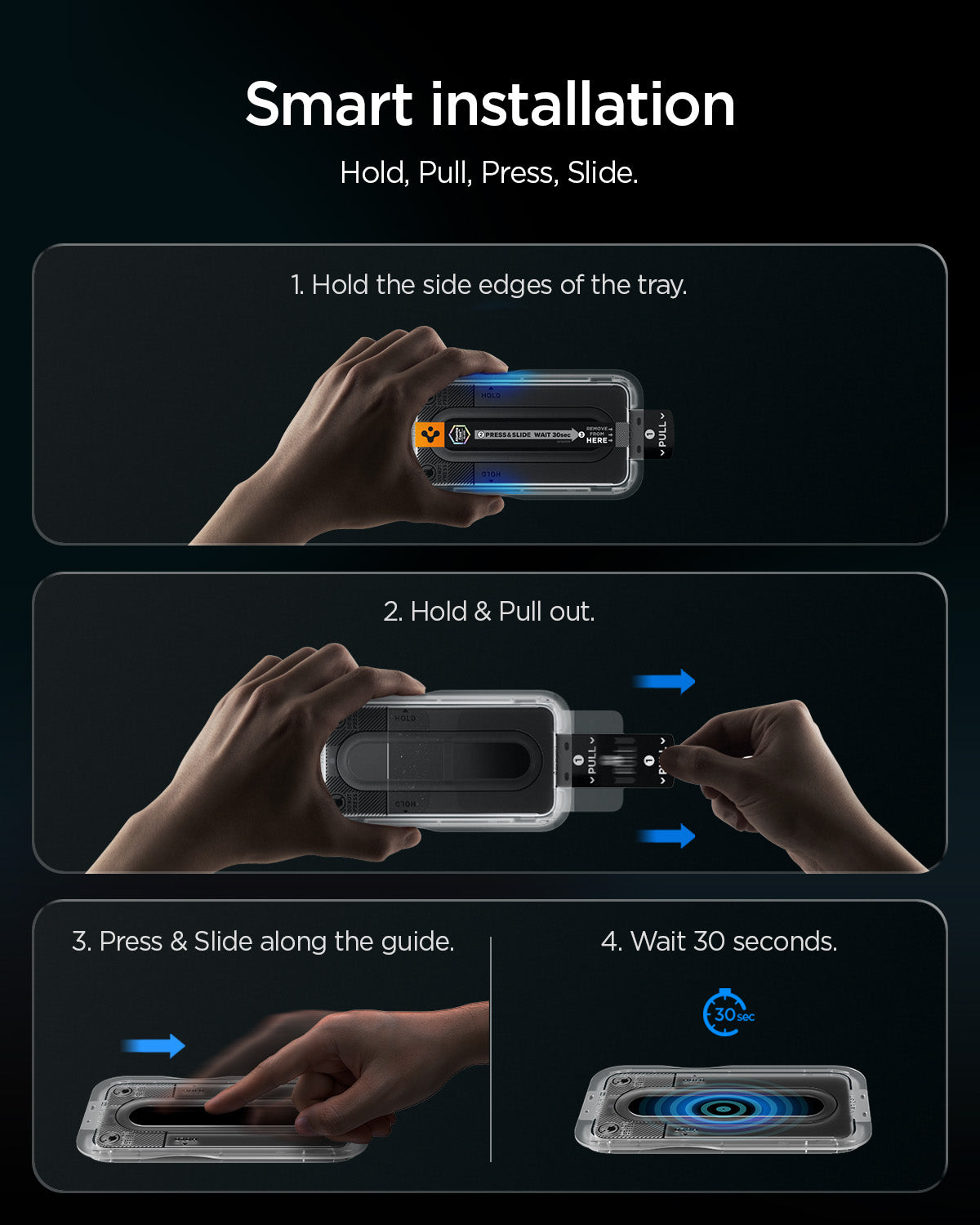 AGL11810 - Galaxy S26 FE GLAS.tR EZ Fit Pro showing smart installation steps to hold, pull, press, slide, and wait for easy screen protector application