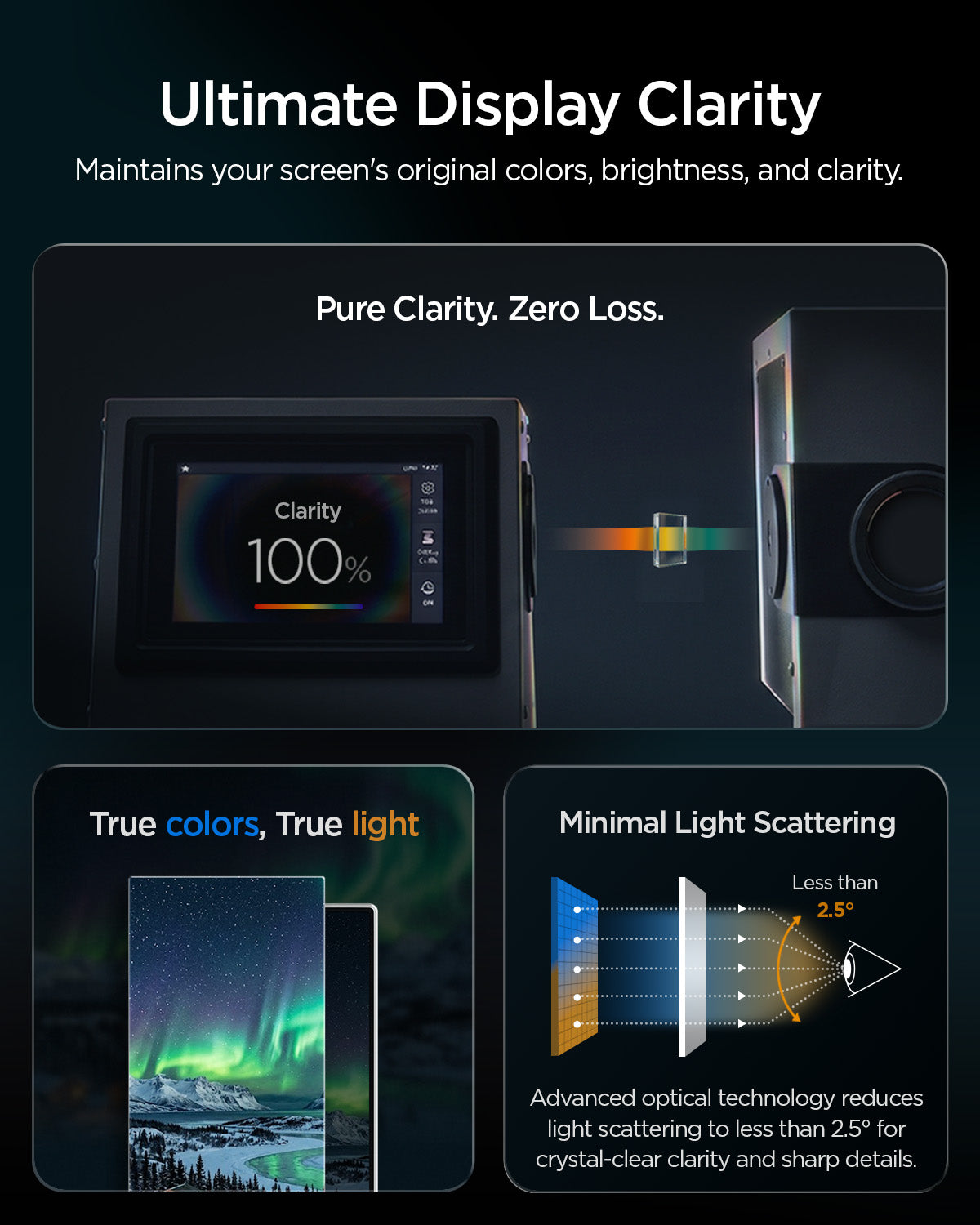 AGL11810 - Galaxy S26 FE GLAS.tR EZ Fit Pro showing screen protector technology designed to maintain original display colors, brightness, and clarity with minimal light scattering