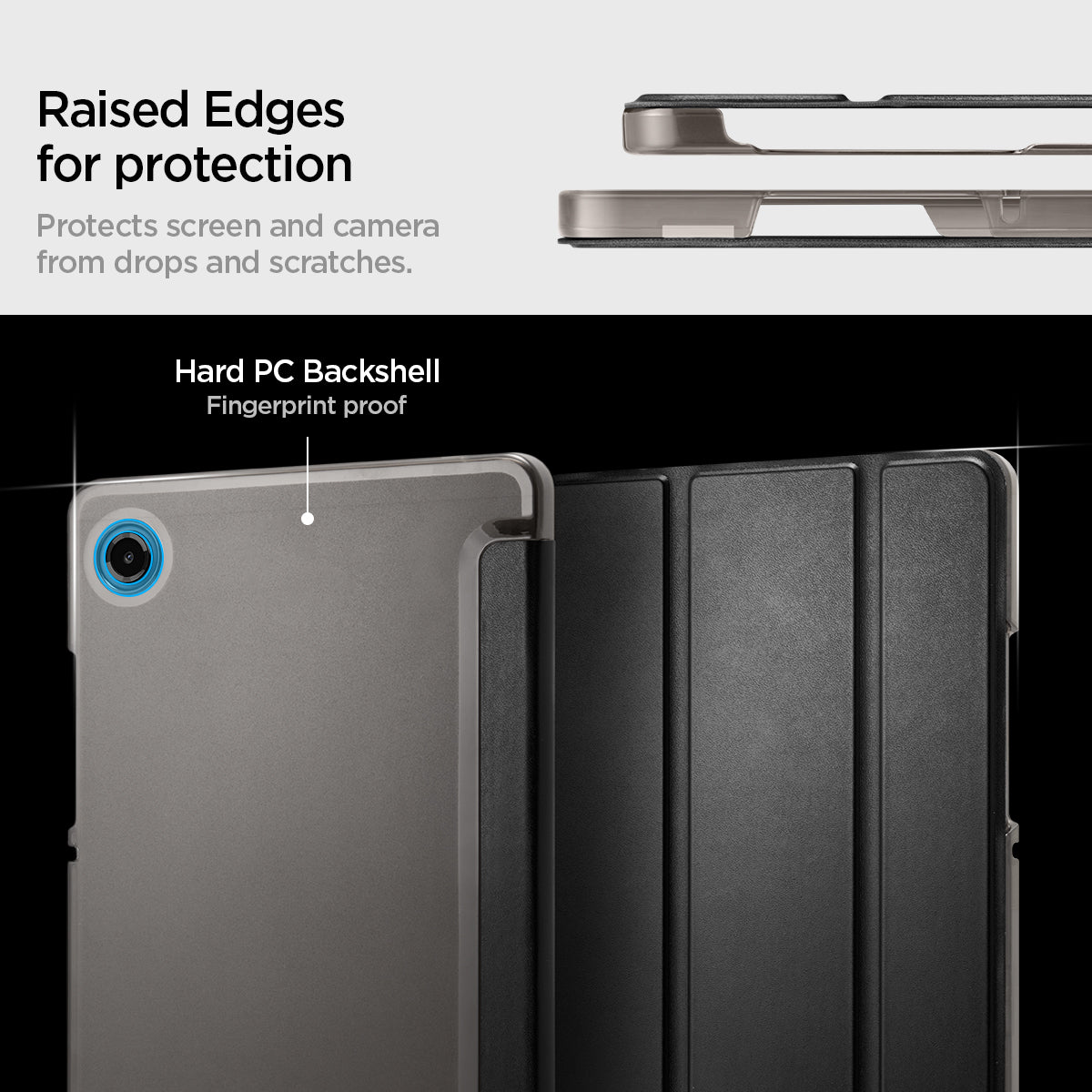 ACS11175 - Galaxy Tab A Series - Smart Fold showing raised edges for protection. protects screen and camera from drops and scratches.