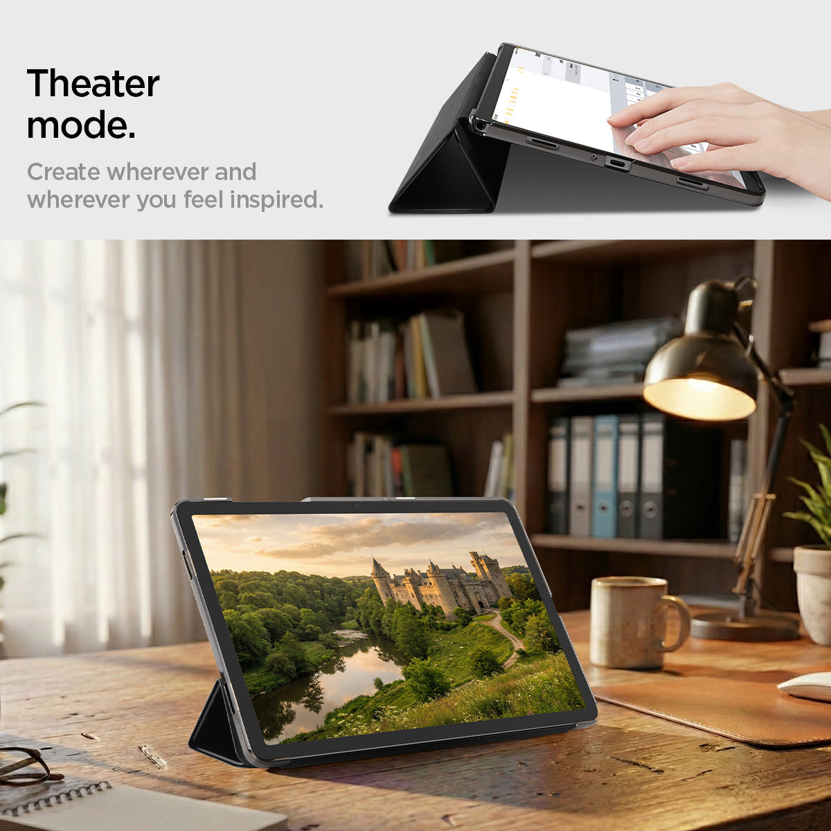 ACS10553 - Galaxy Tab A Series - Smart Fold Matte Black showing theater mode, create wherever and wherever you feel inspired.