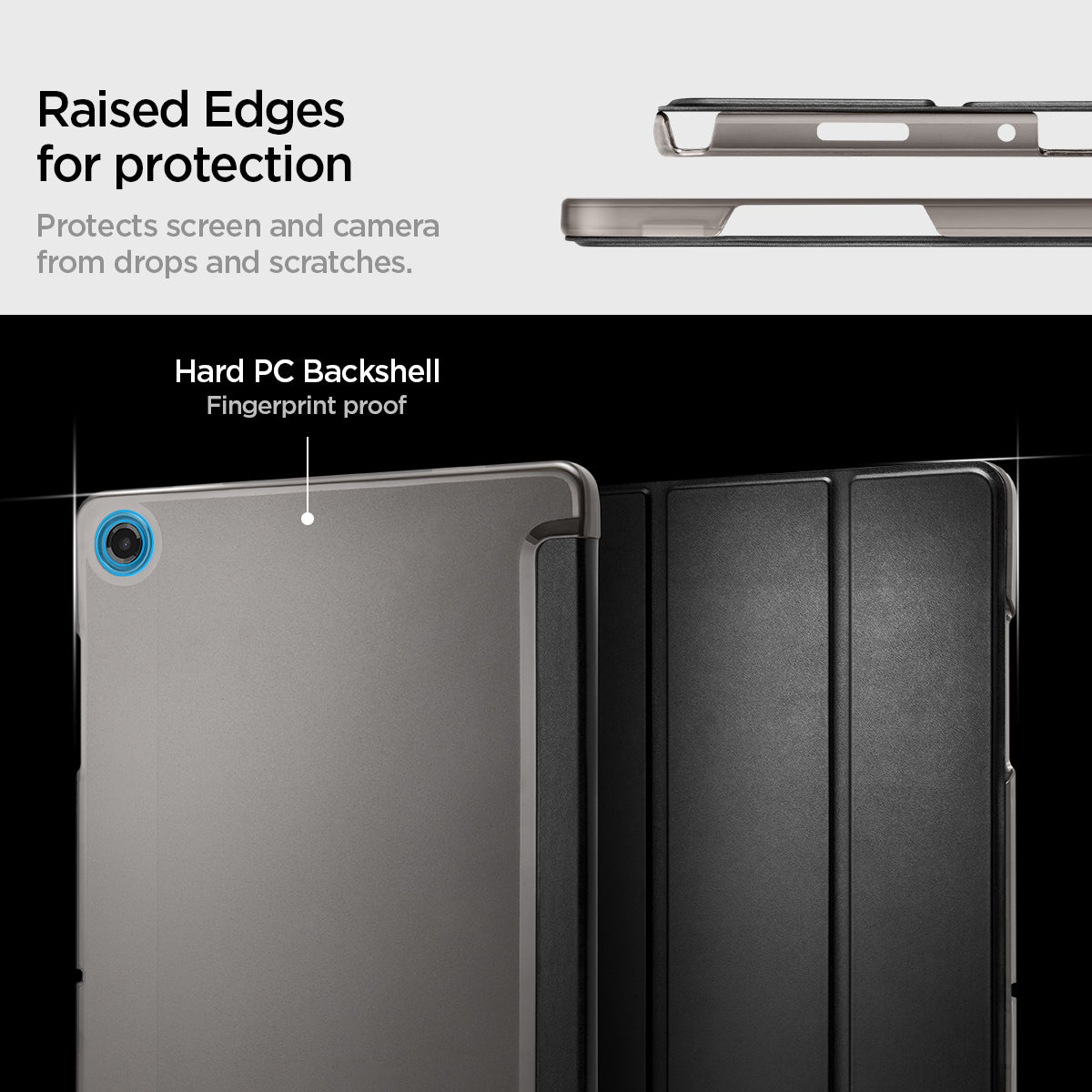 ACS10553 - Galaxy Tab A Series - Smart Fold Matte Black showing raised edges for protection. protects screen and camera from drops and scratches.