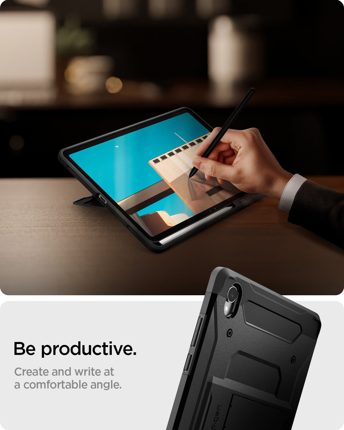 ACS10211 - Galaxy Tab S11 Series Tough Armor Pro showing be productive. create and write at a comfortable angle.