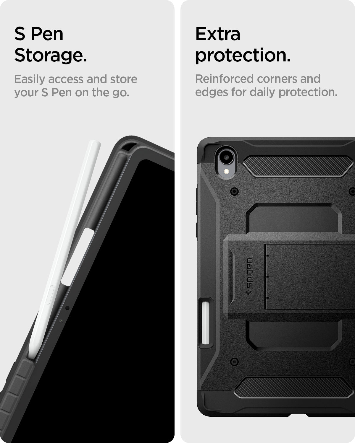 ACS10211 - Galaxy Tab S11 Series Tough Armor Pro showing S pen storage. easily access an store your s pen on the go. extra protection. reinforced corners and edges for daily protection.
