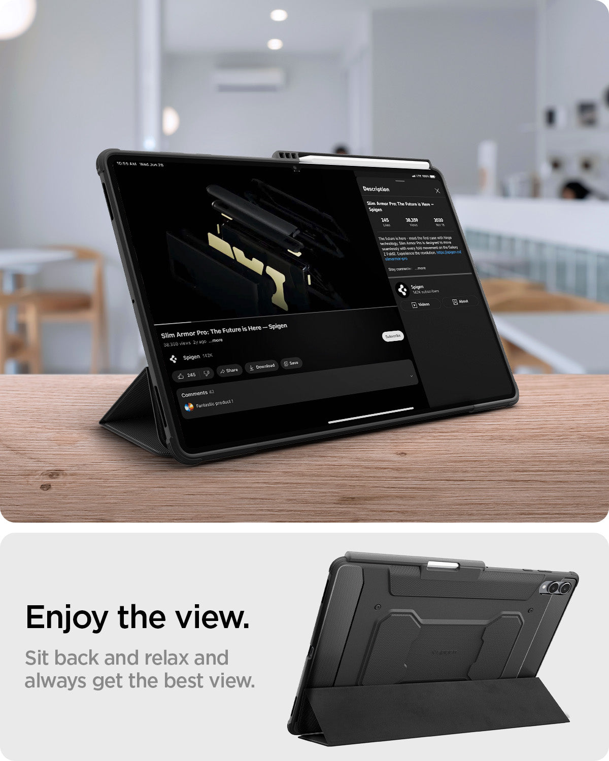 ACS10150 - Galaxy Tab S12 Ultra Rugged Armor Pro showing the tablet case propped on a table with the folding cover used as a viewing stand.