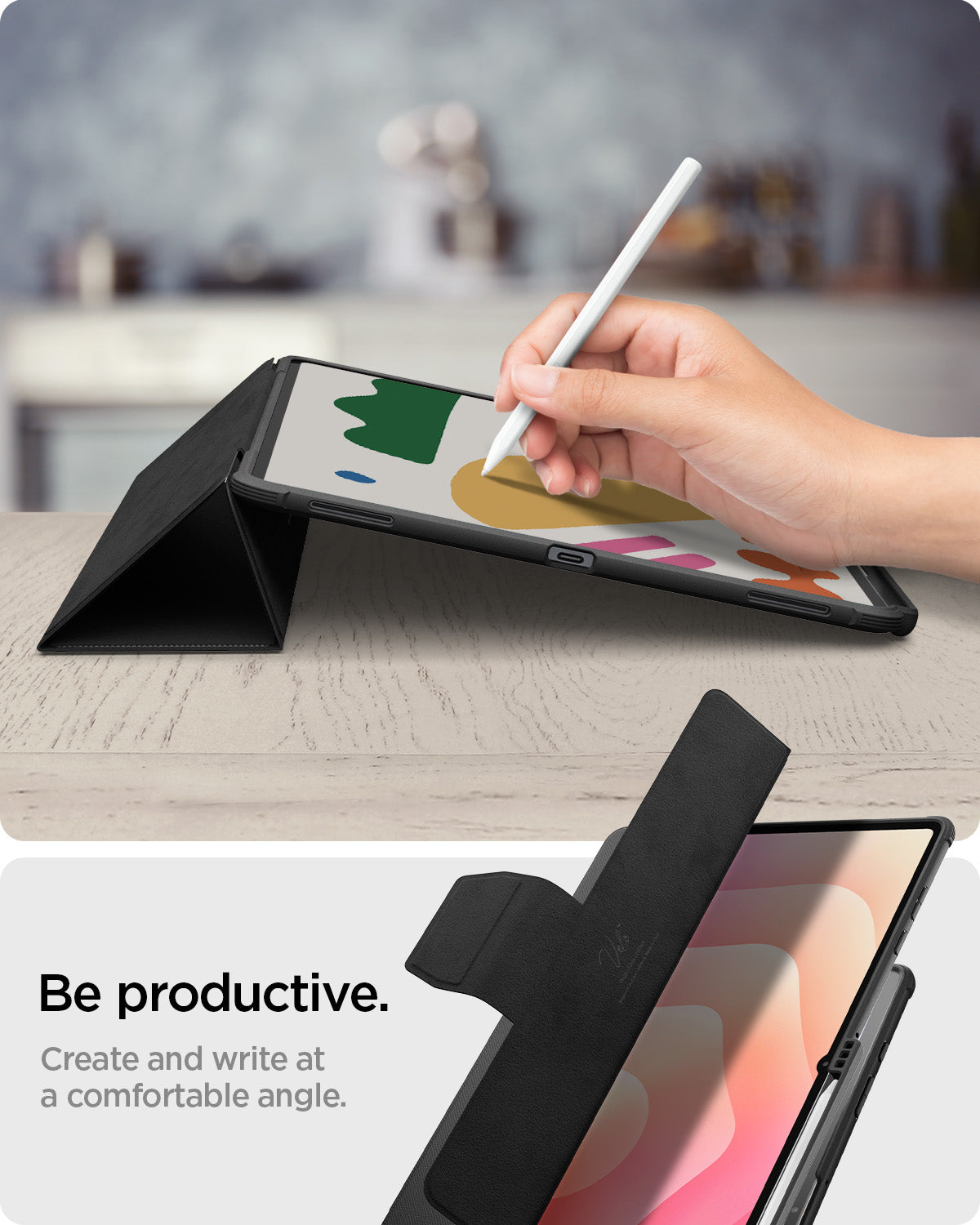 ACS10150 - Galaxy Tab S12 Ultra Rugged Armor Pro showing a hand using a stylus on a tablet supported at a low writing angle by the folding cover.