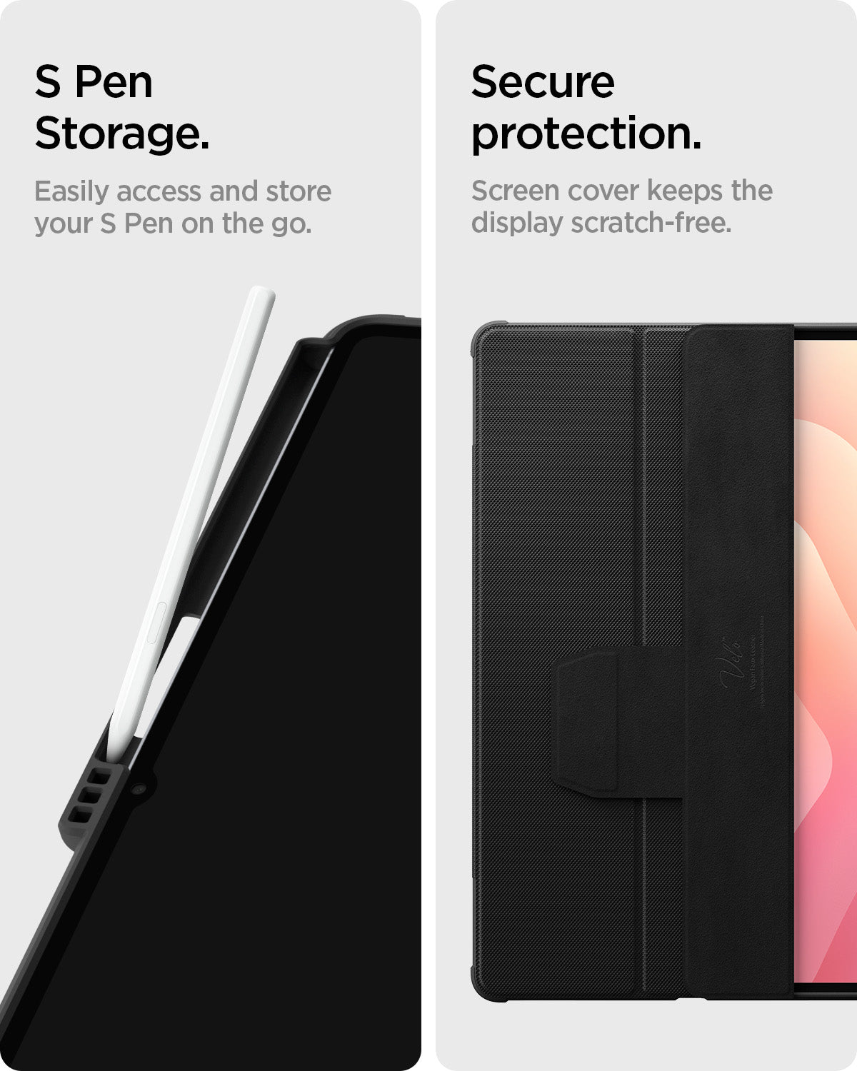 ACS10150 - Galaxy Tab S12 Ultra Rugged Armor Pro showing close-up views of the pen storage and folding screen cover on the tablet case.